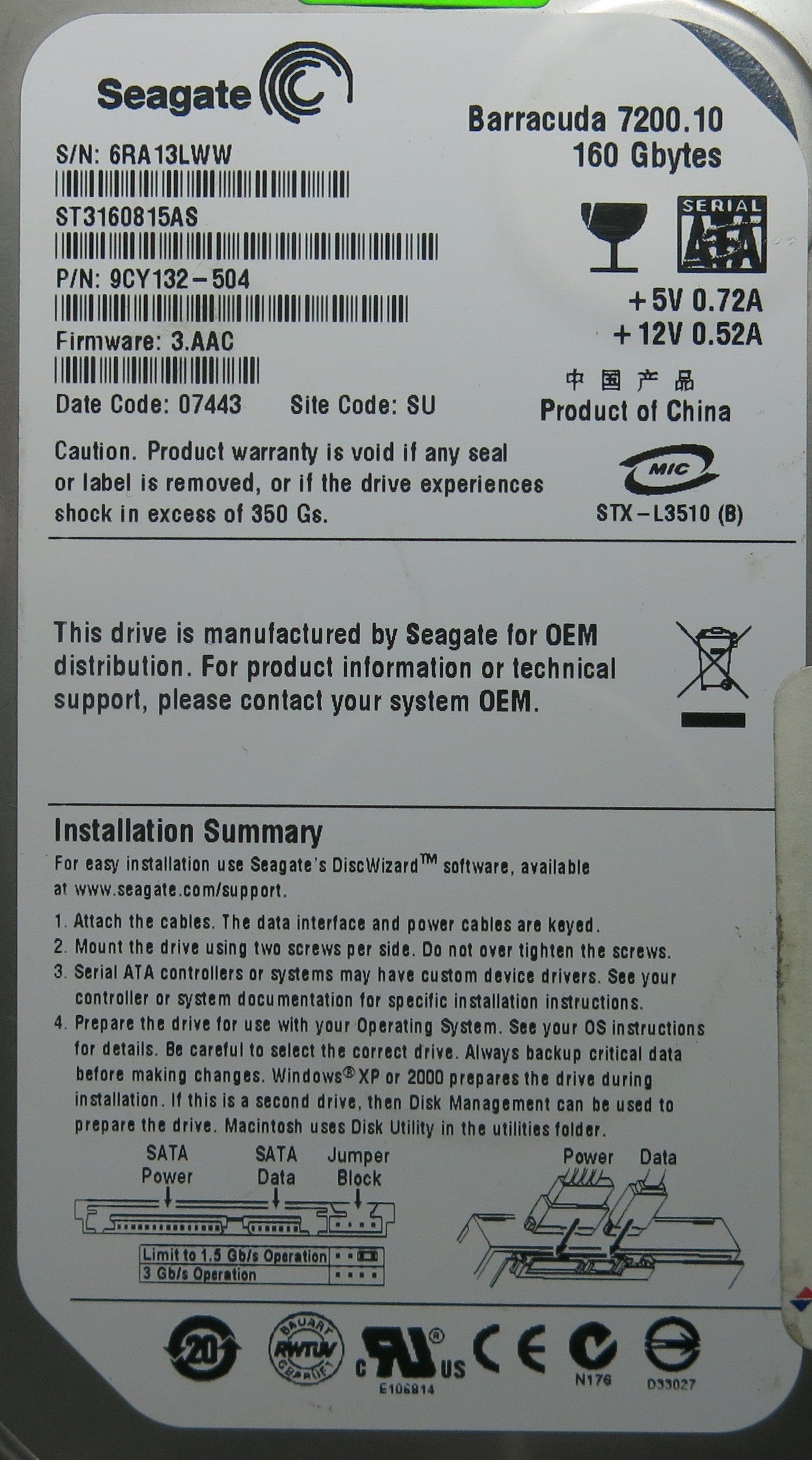 ST3160815AS P/N 9CY132-504 100428473 REV C PCB
