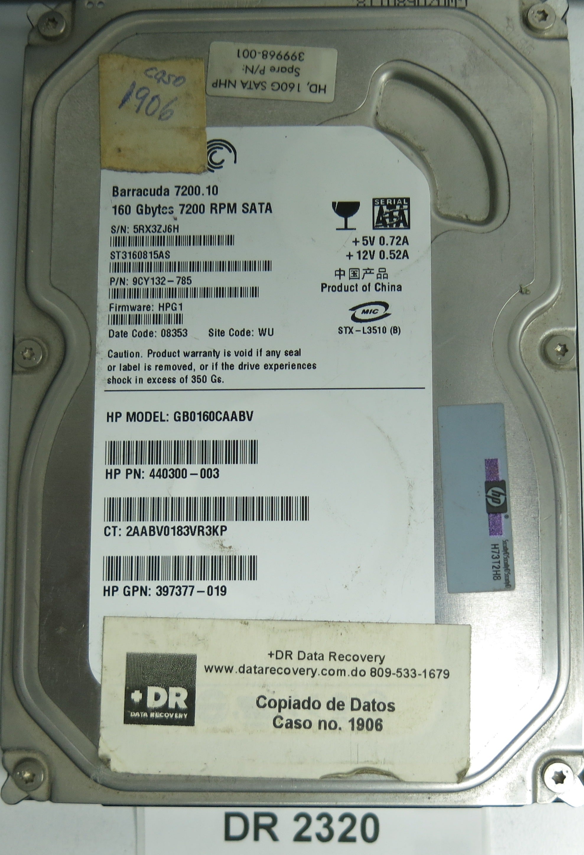 ST3160815AS, P/N: 9CY132-785, FW: HPG1, Serial: 5RX3ZJ6H, 160GB 3.5, PCB: 100428473, REV C