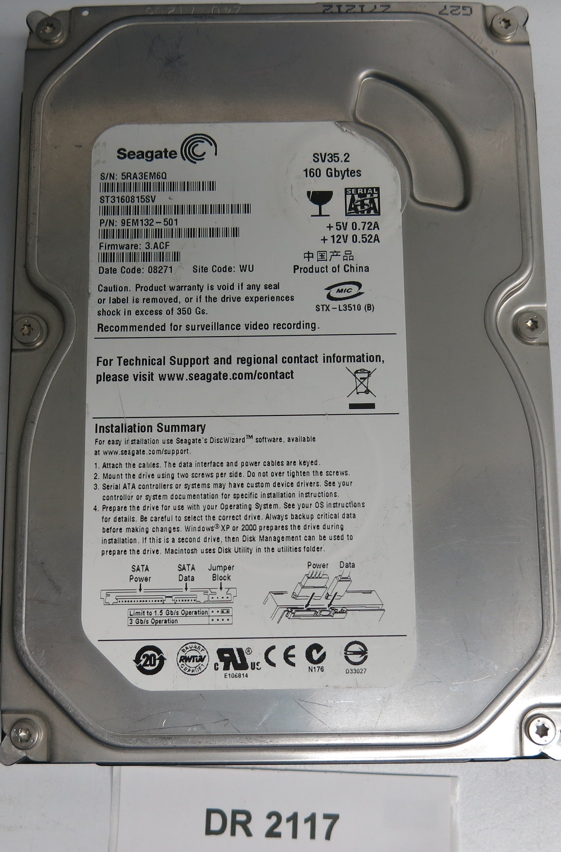 ST3160815SV, P/N: 9EM132-501, FW: 3.ACF, Serial: 5RA3EM6Q, 160GB 3.5, PCB: 100428473 REV A