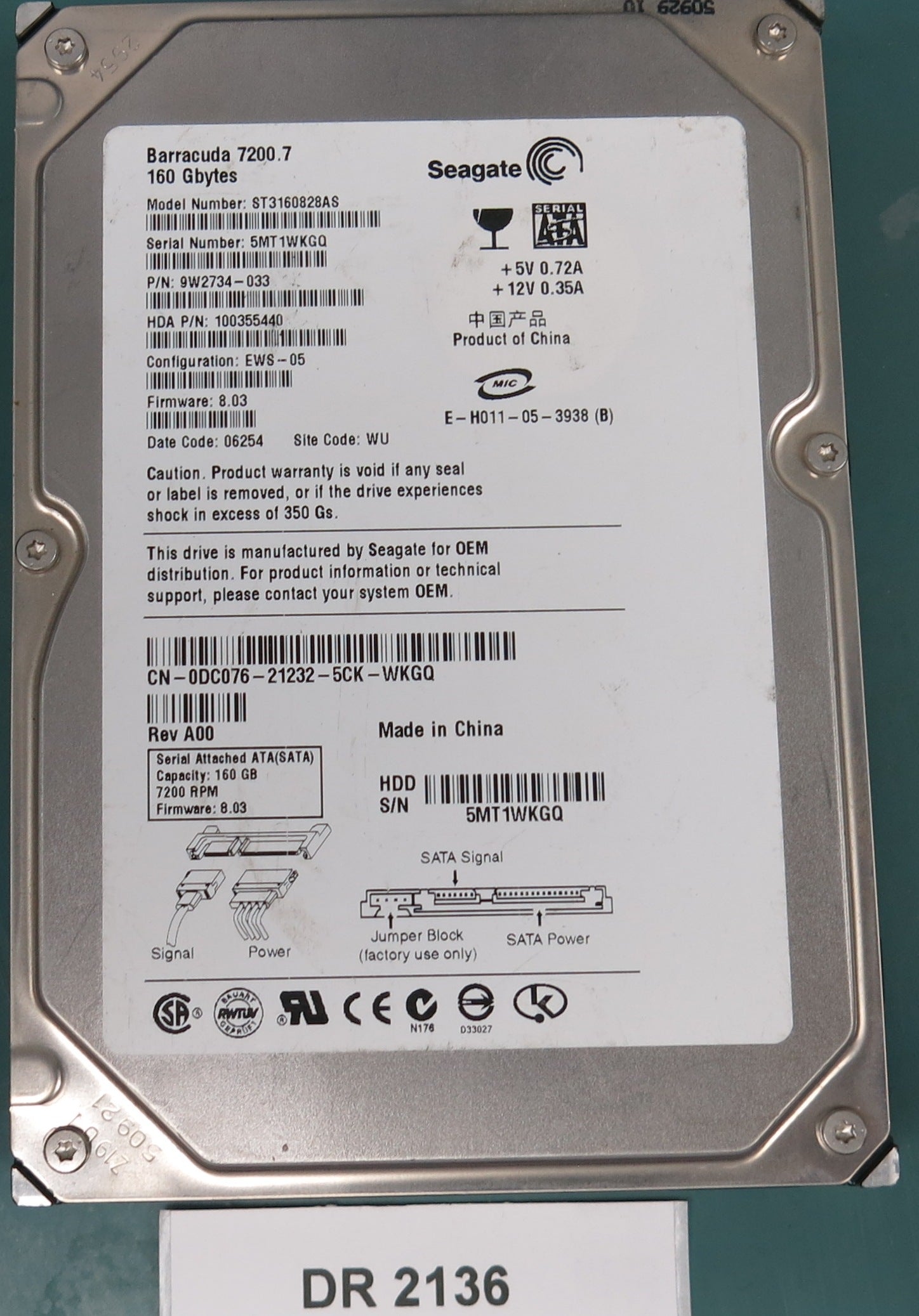 ST3160828AS, P/N: 9W2734-033, FW: 8.06, Serial: 5MT1WKGQ, 160GB 3.5, PCB: 100331803 REV B