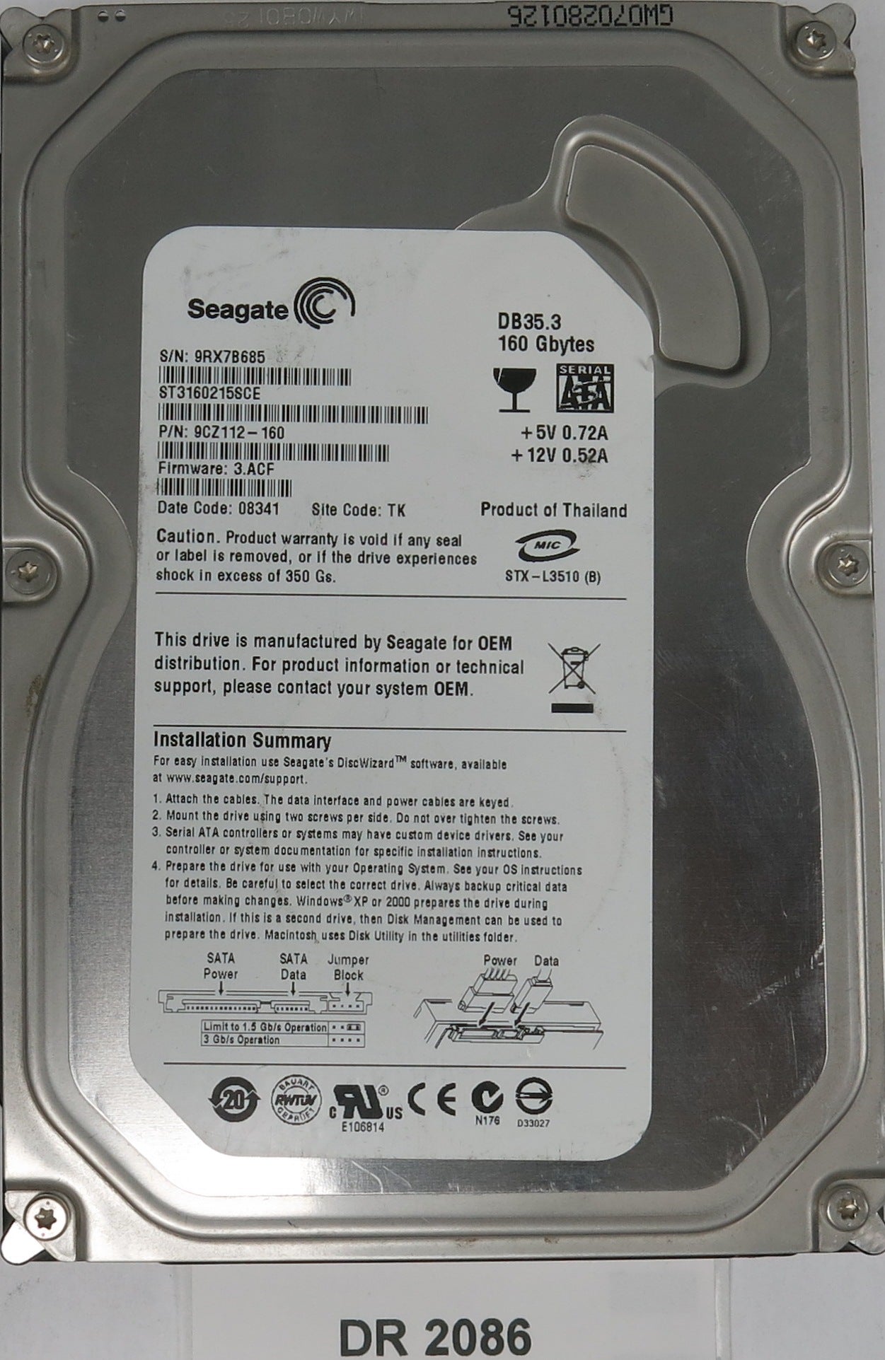 ST316215SCE, P/N: 9CZ112-160, FW: 3.ACF, Serial: 9RX7B685, 160GB 3.5, PCB: 100422559 REV C