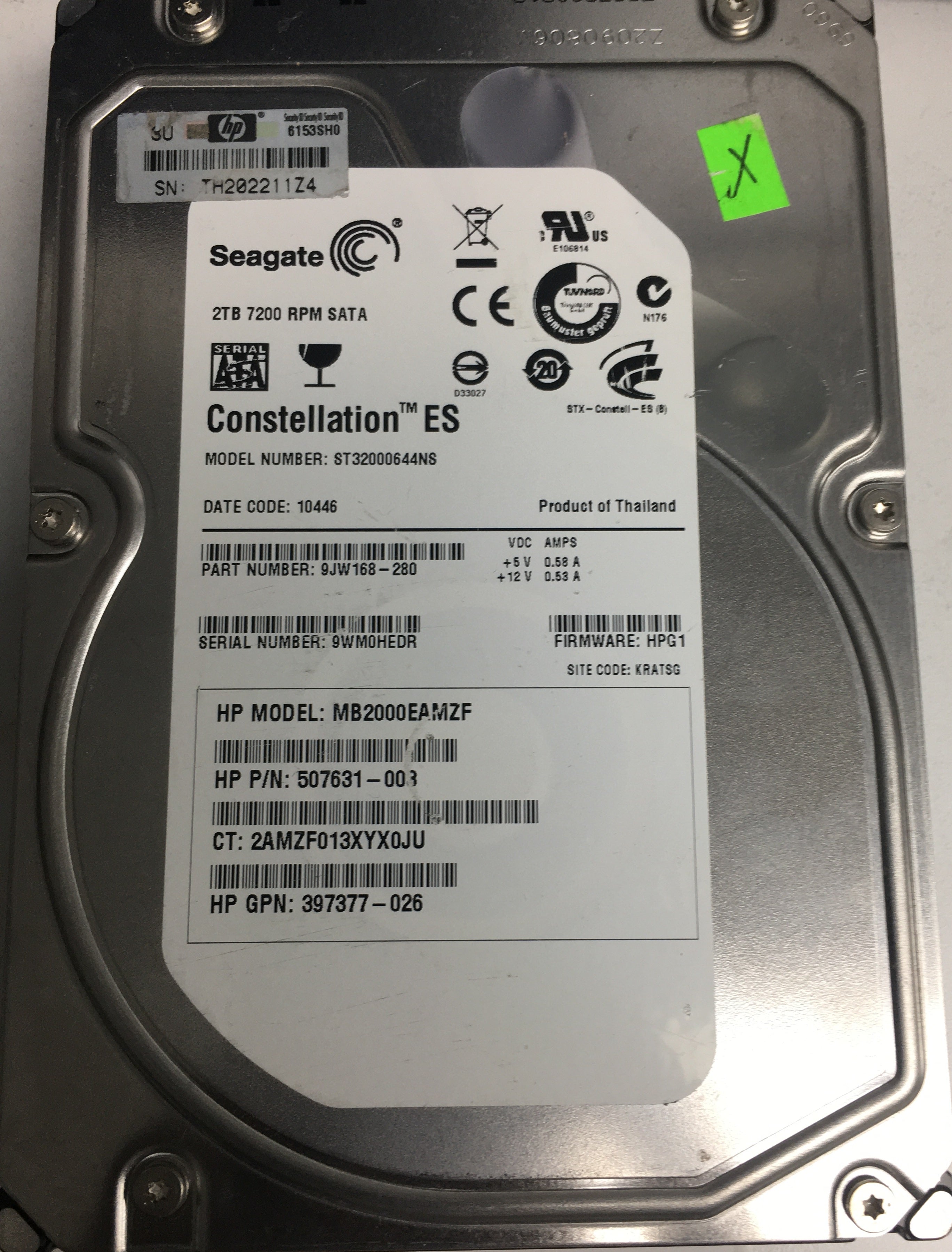 ST32000644NS, P/N: 507631-008, FW: HPG1, Serial: 9WM0HEDR, 2TB 3.5, PCB:100579470 REV B