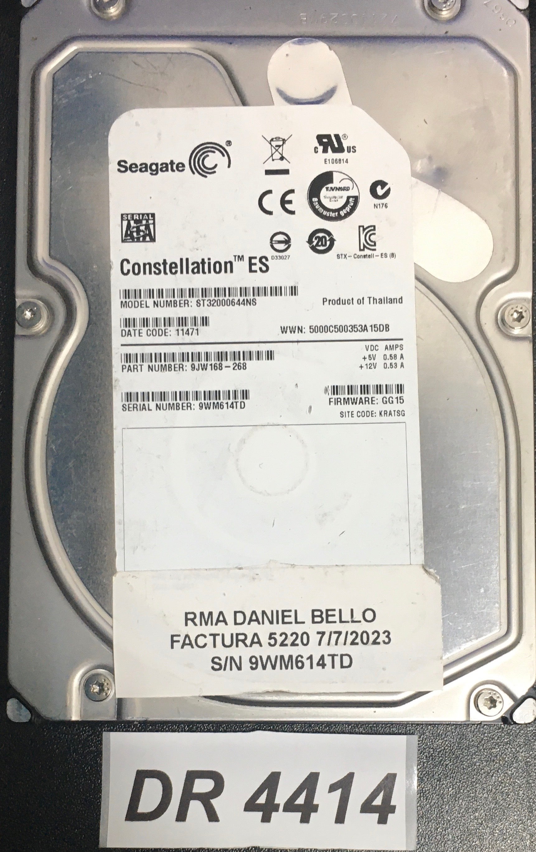 ST32000644NS P/N:  9JW168-268  FW:GG15 Serial: 9WM14TD  2000GB 3.5  PCB: 100579470 REV C