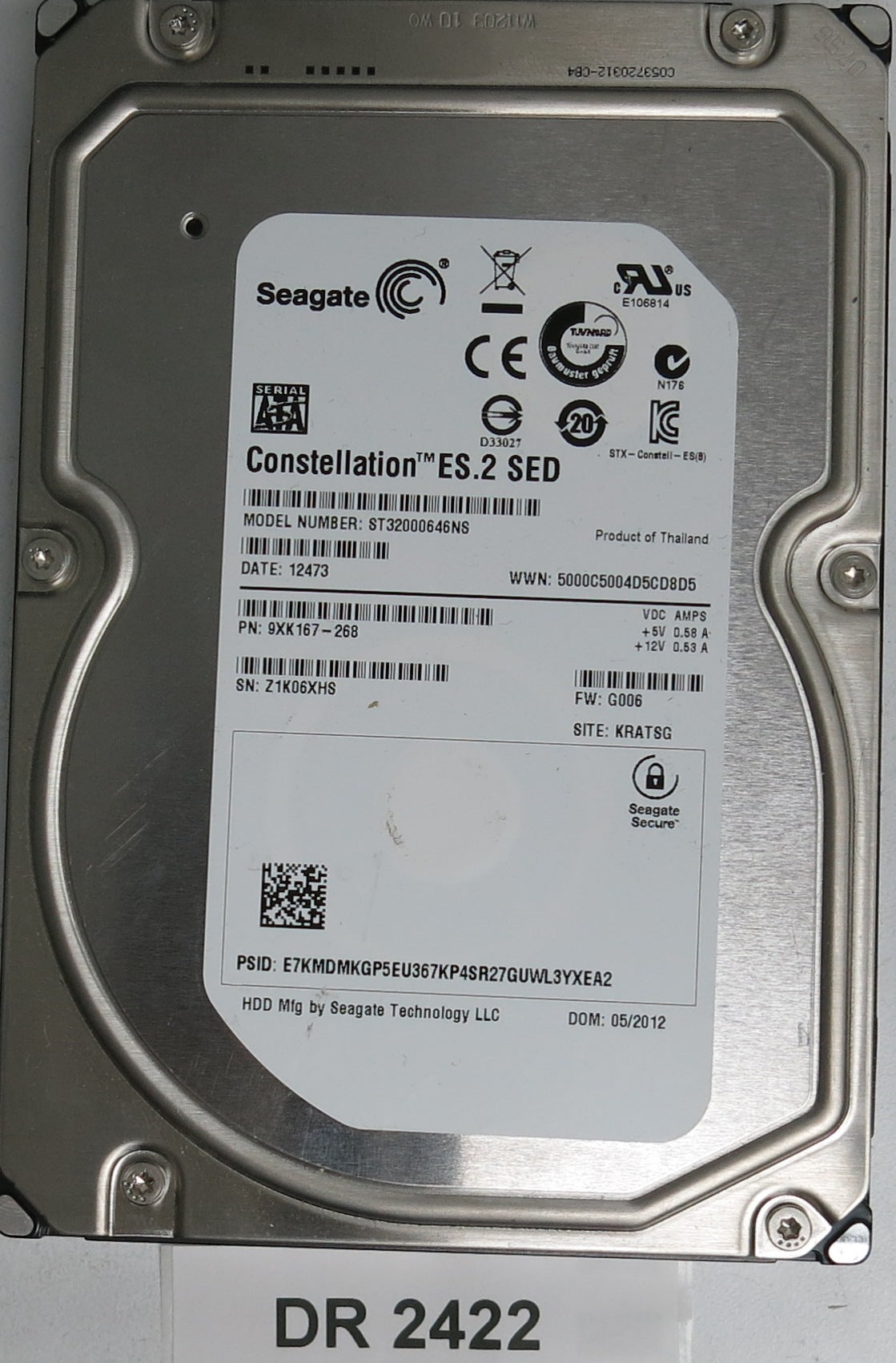 ST32000646NS, P/N: 9XK167-268, FW: G006, Serial: Z1K06XHS, PCB: 100611023 REV B