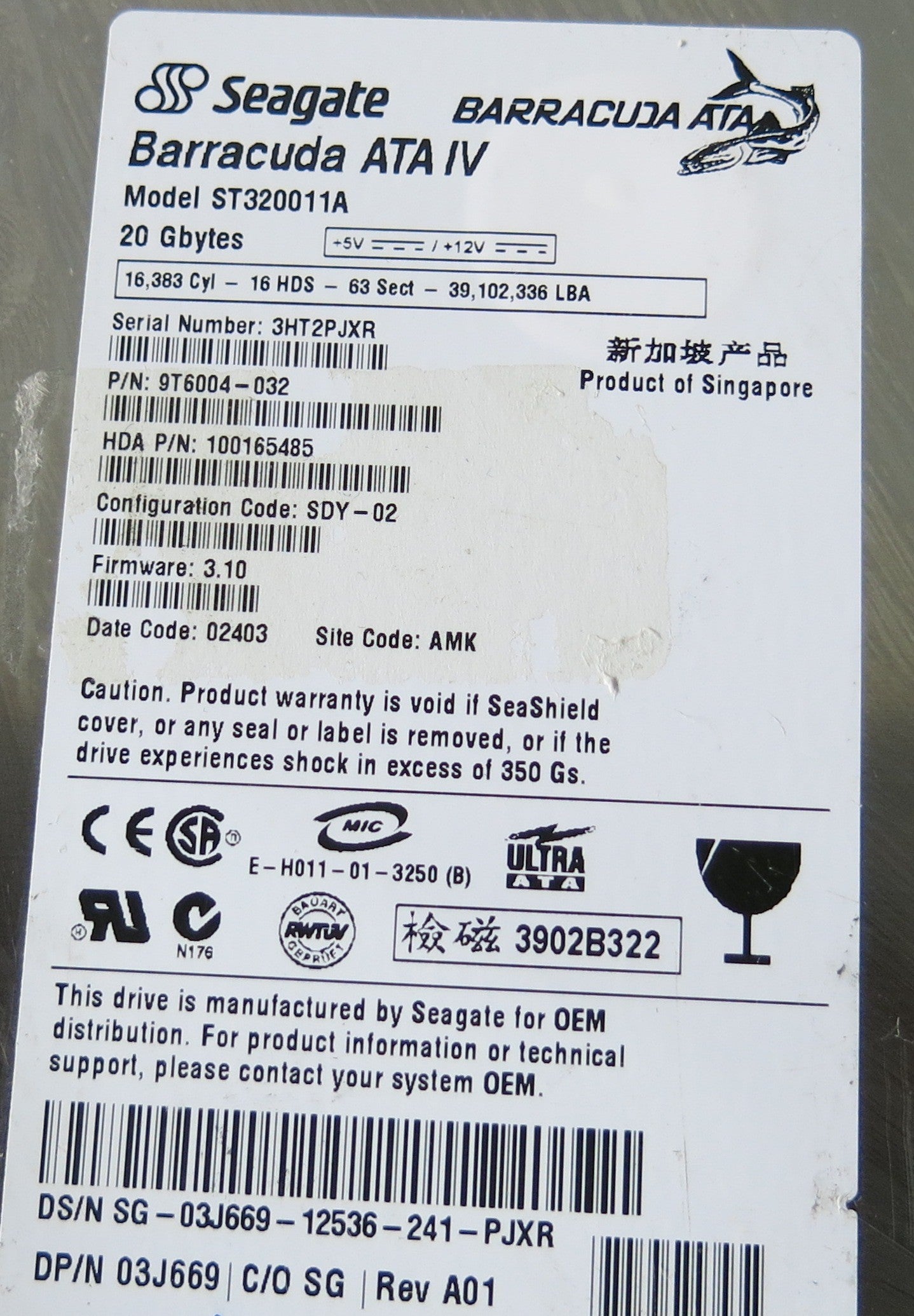 ST320011A P/N 9T6004-032 FW 3.10 100151017 REV A PCB