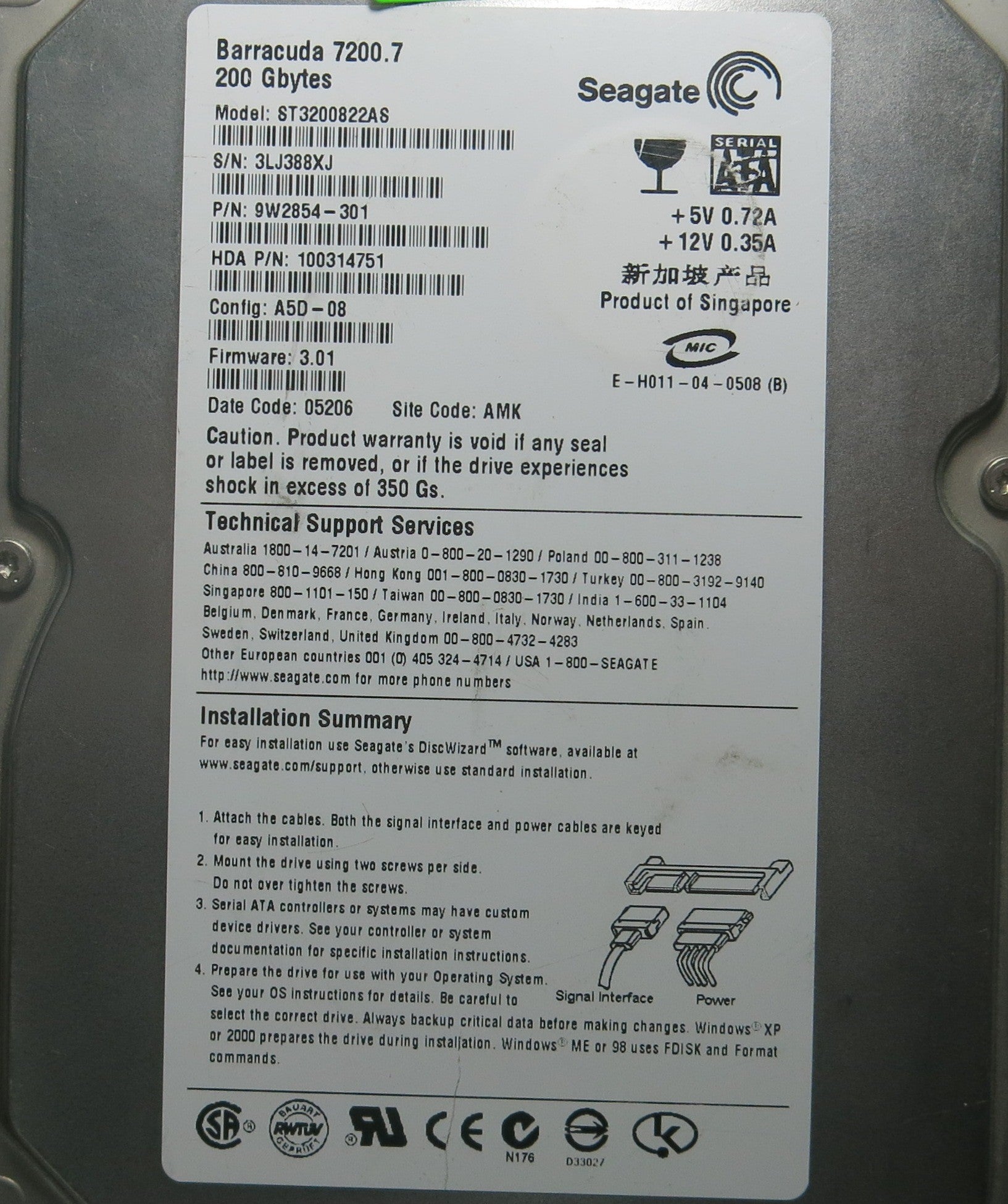 ST3200822AS P/N 9W2854-301 100306336 REV A PCB