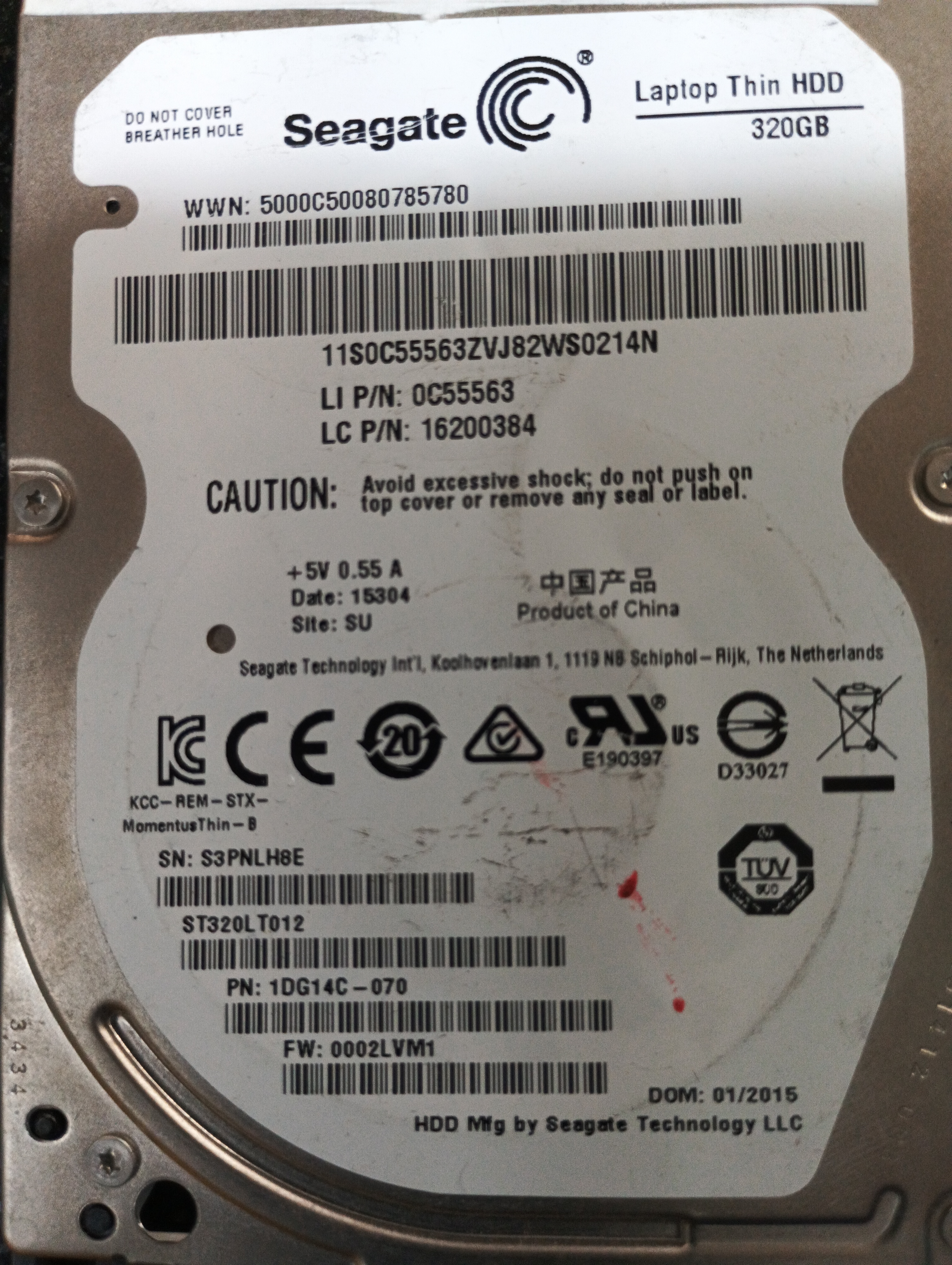 ST320LT012,  P/N: 1DG14C-070,  FW: 0002LVM1,  Serial: S3PNLH8E,  320GB 2.5,  PCB: 100729420- REV B,