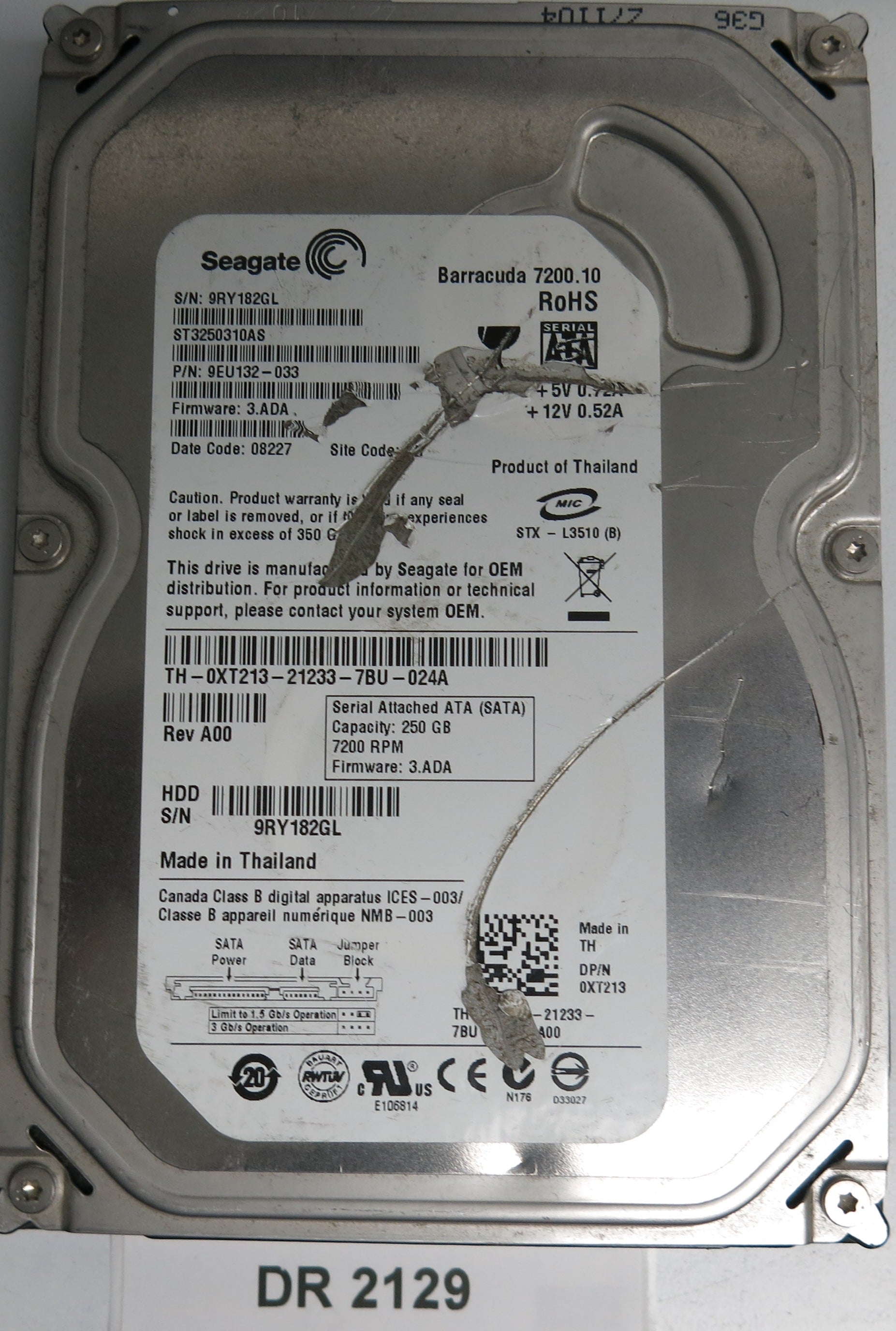 ST3250310AS, P/N: 9EU132-033, FW: 3.ADA, Serial: 9RY182GJL, 250GB 3.5, PCB: 100468303 REV A
