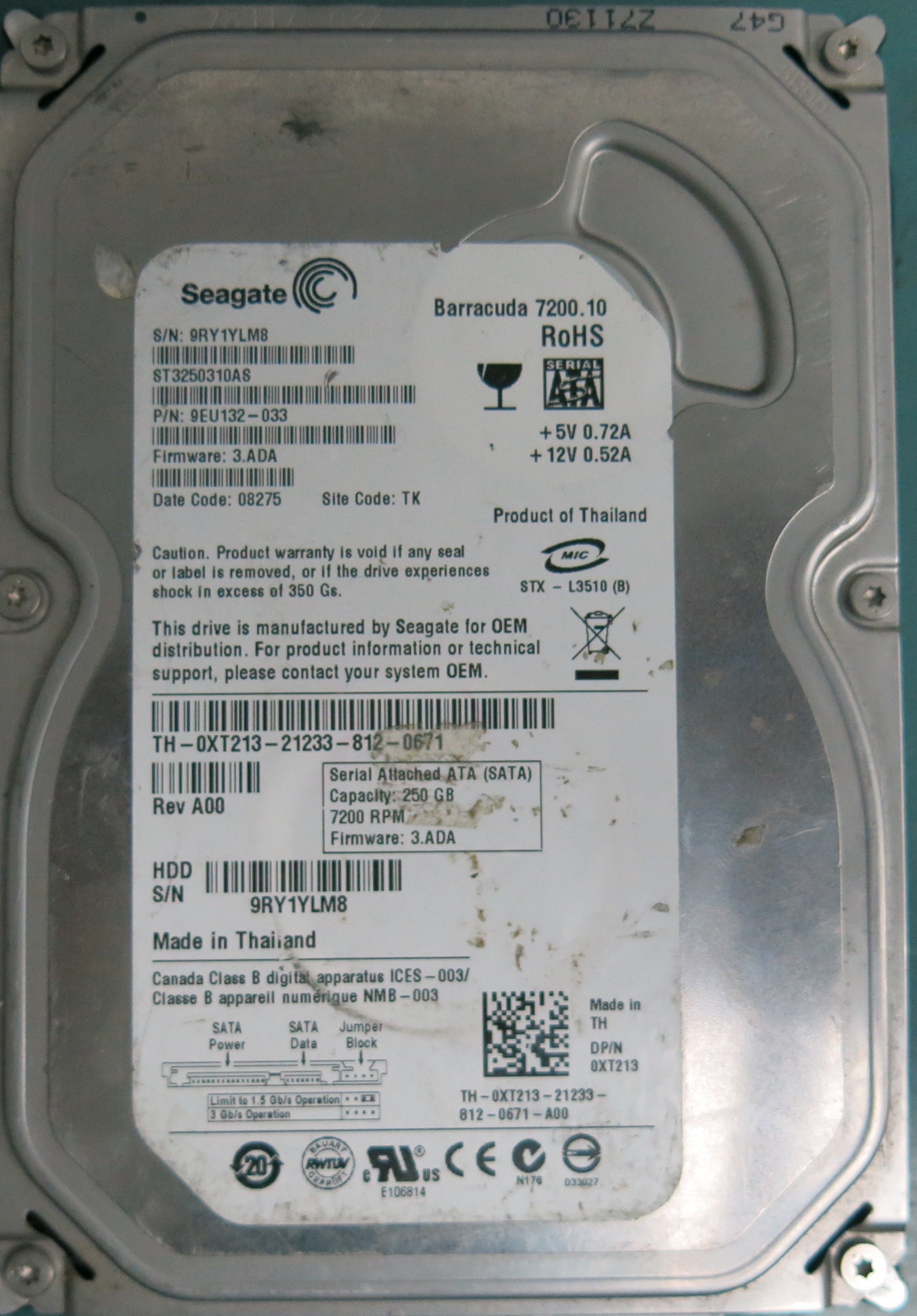 ST3250310AS P/N: 9EU132-033 FW: 3.ADA Serial: 9RY1YLM8 250GB 3.5 PCB: 100468303  REV A