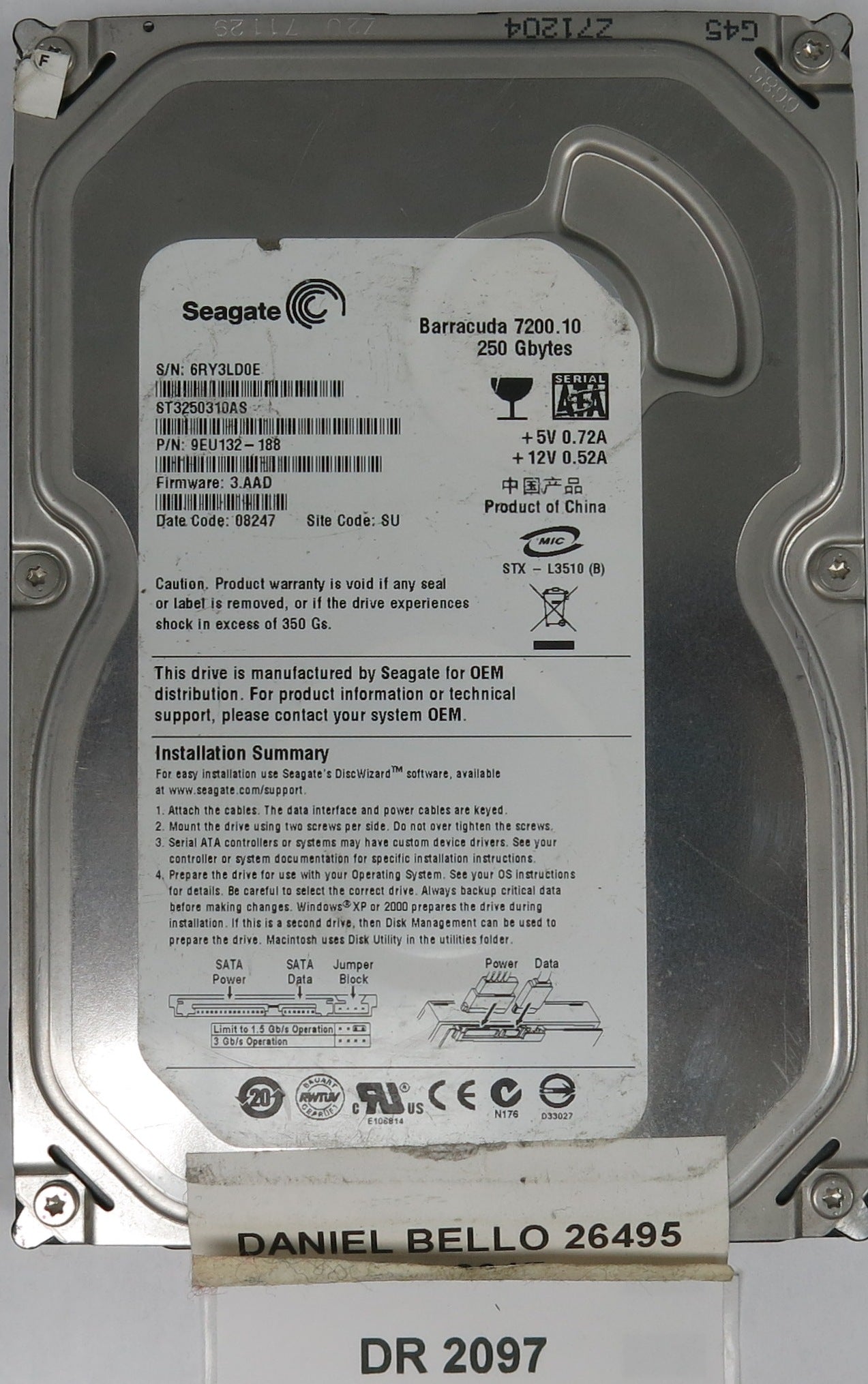 ST3250310AS, P/N: 9EU132-188, FW: 3.AAD, Serial: 6RY3LD0E, 250GB 3.5, PCB: 100160303 REV A
