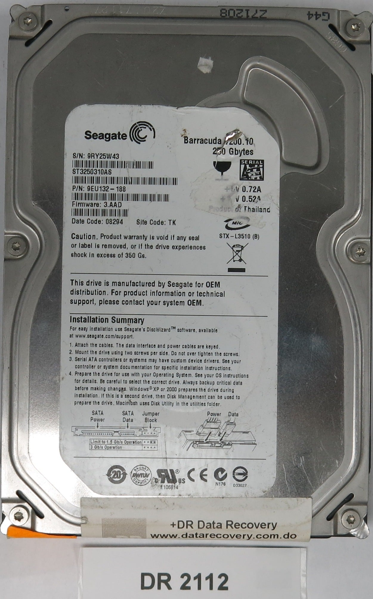 ST3250310AS, P/N: 9EU132-188, FW: 3.AAD, Serial: 9RY25W43, 250GB 3.5, PCB: 100468303 REV A