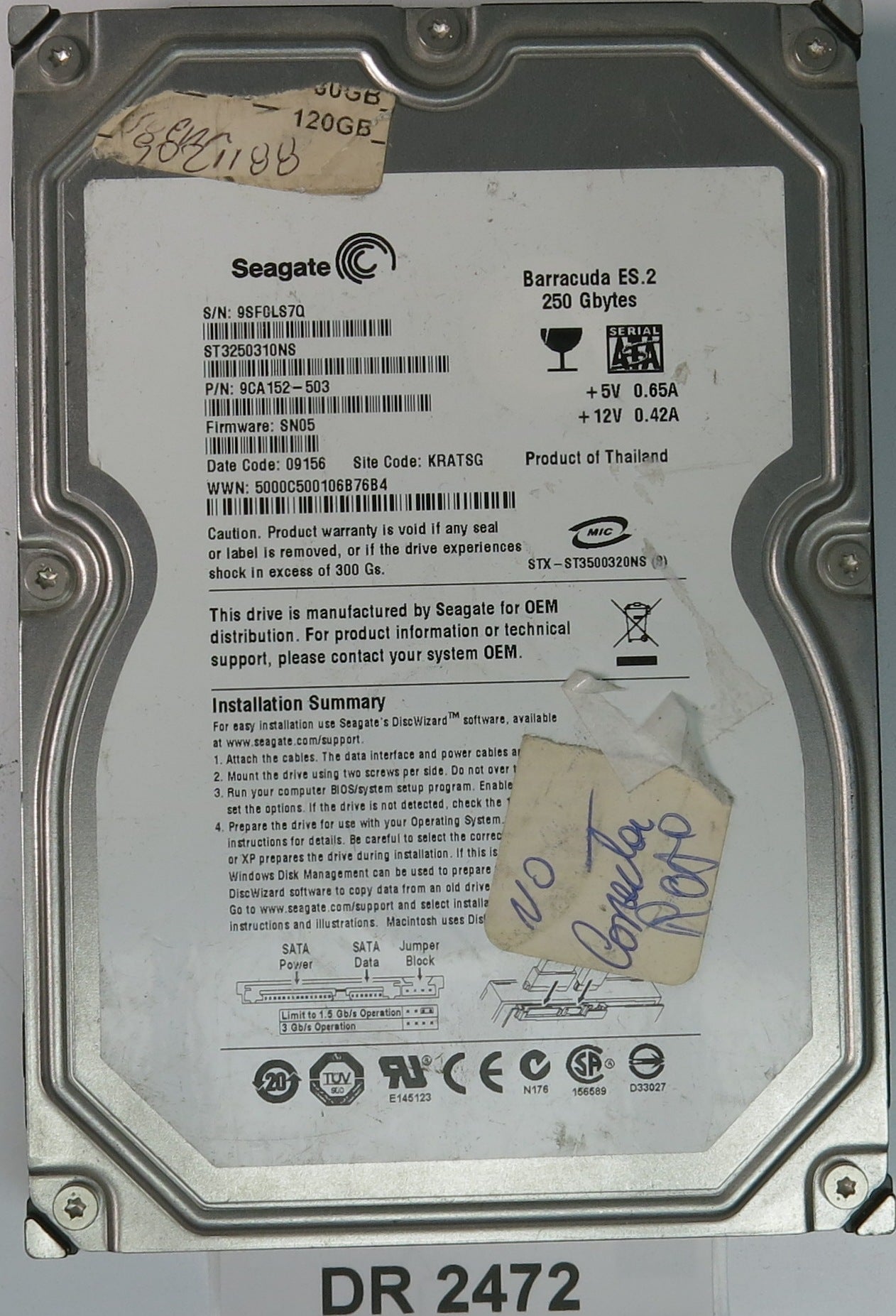 ST3250310NS, P/N: 9CA152-503, FW: SN05, Serial: 9SF0LS7Q, 250GB 3.5, PCB: 100475720 REV A