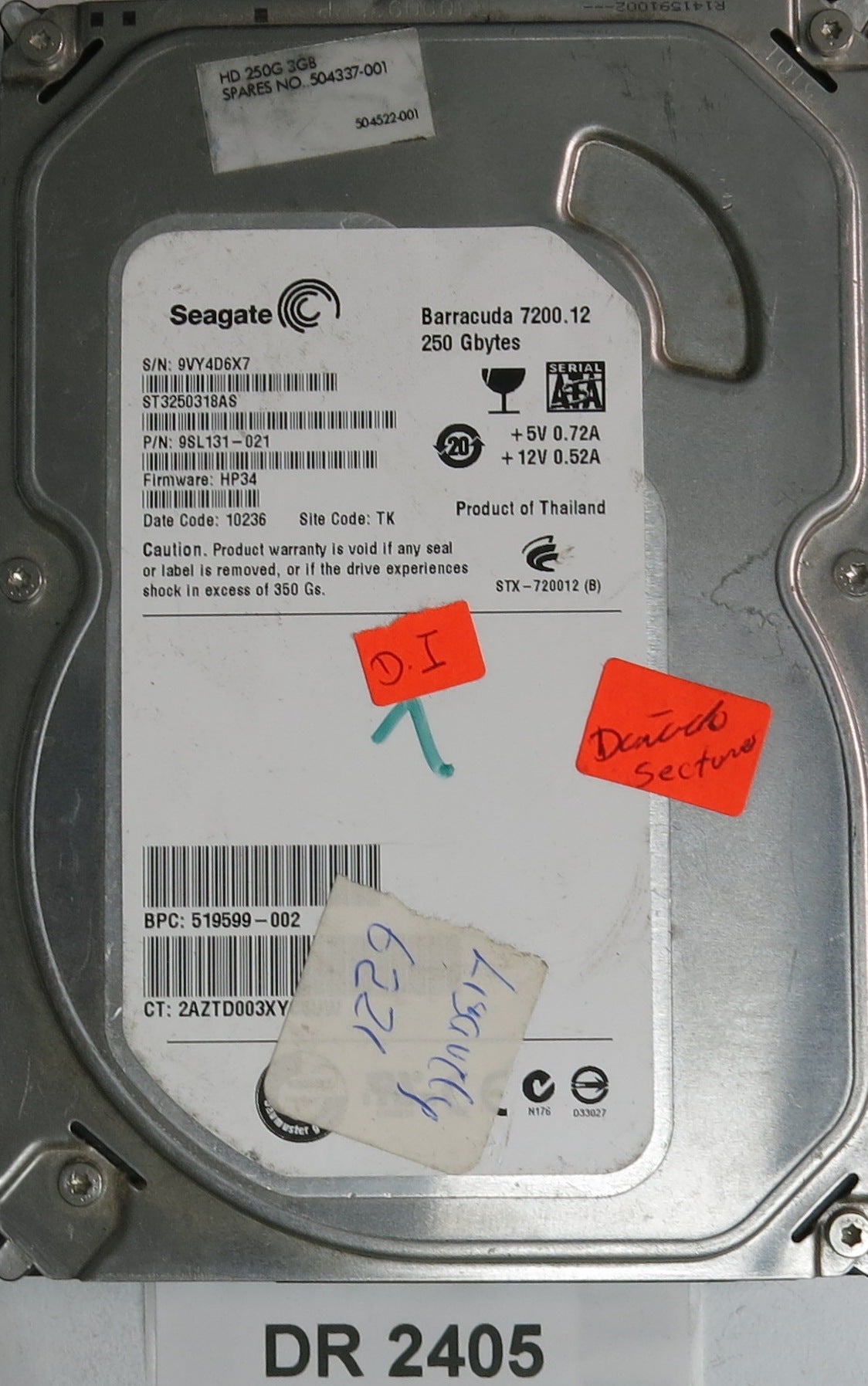 ST3250318AS, P/N: 9SL131-021, FW: HP34, Serial: 9VY4D6X7, 250GB 3.5,  PCB: 100535704 REVB