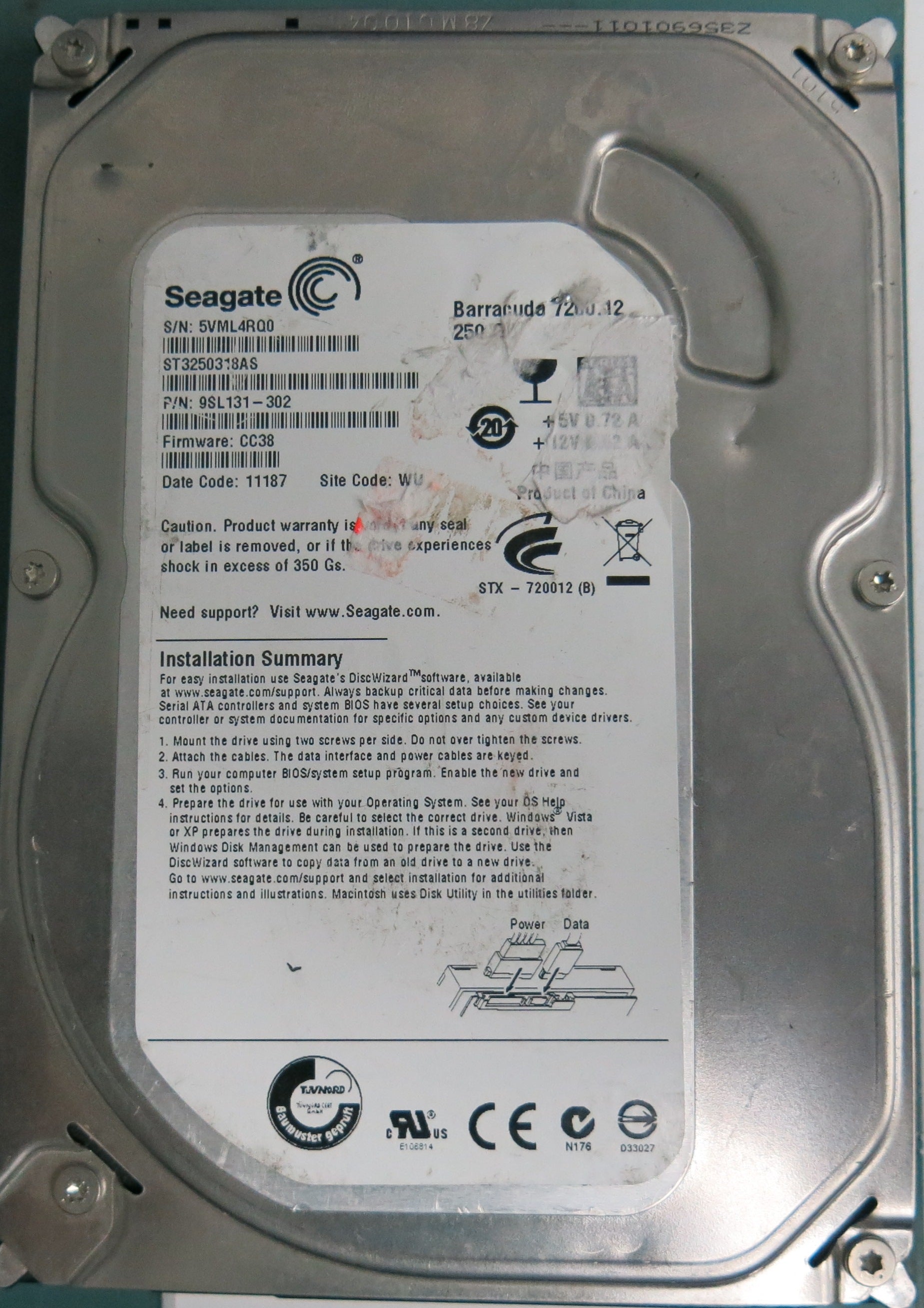 ST3250318AS, P/N: 9SL131-302, FW: CC38, Serial: 5VML4RQ0, 250GB 3.5