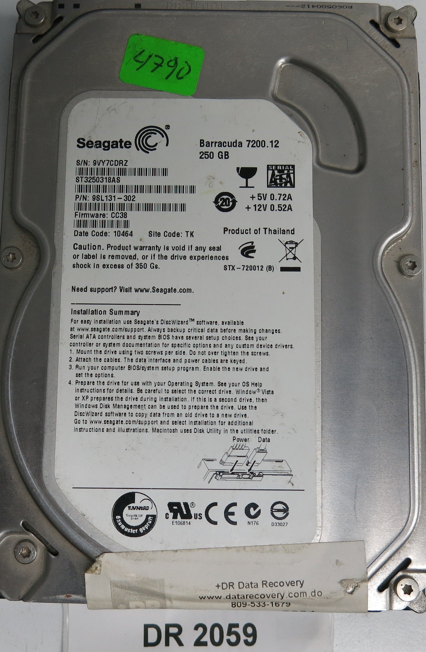 ST3250318AS, P/N: 9SL131-302, FW: CC38, Serial: 9VY7CDRZ, 250GB 3.5, PCB: 100535704 REV B