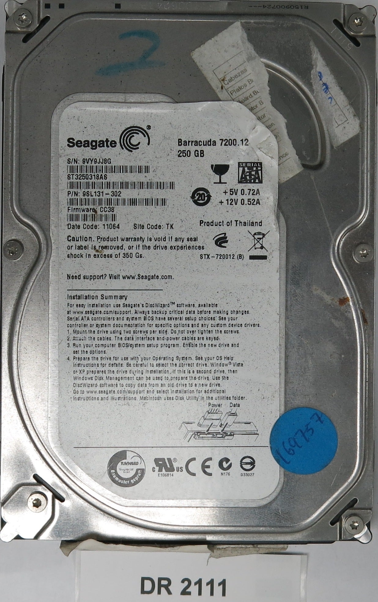 ST3250318AS, P/N: 9SL131-302, FW: CC38, Serial: 9VY9JJ8G, 250GB 3.5, PCB: 100532367 REV B