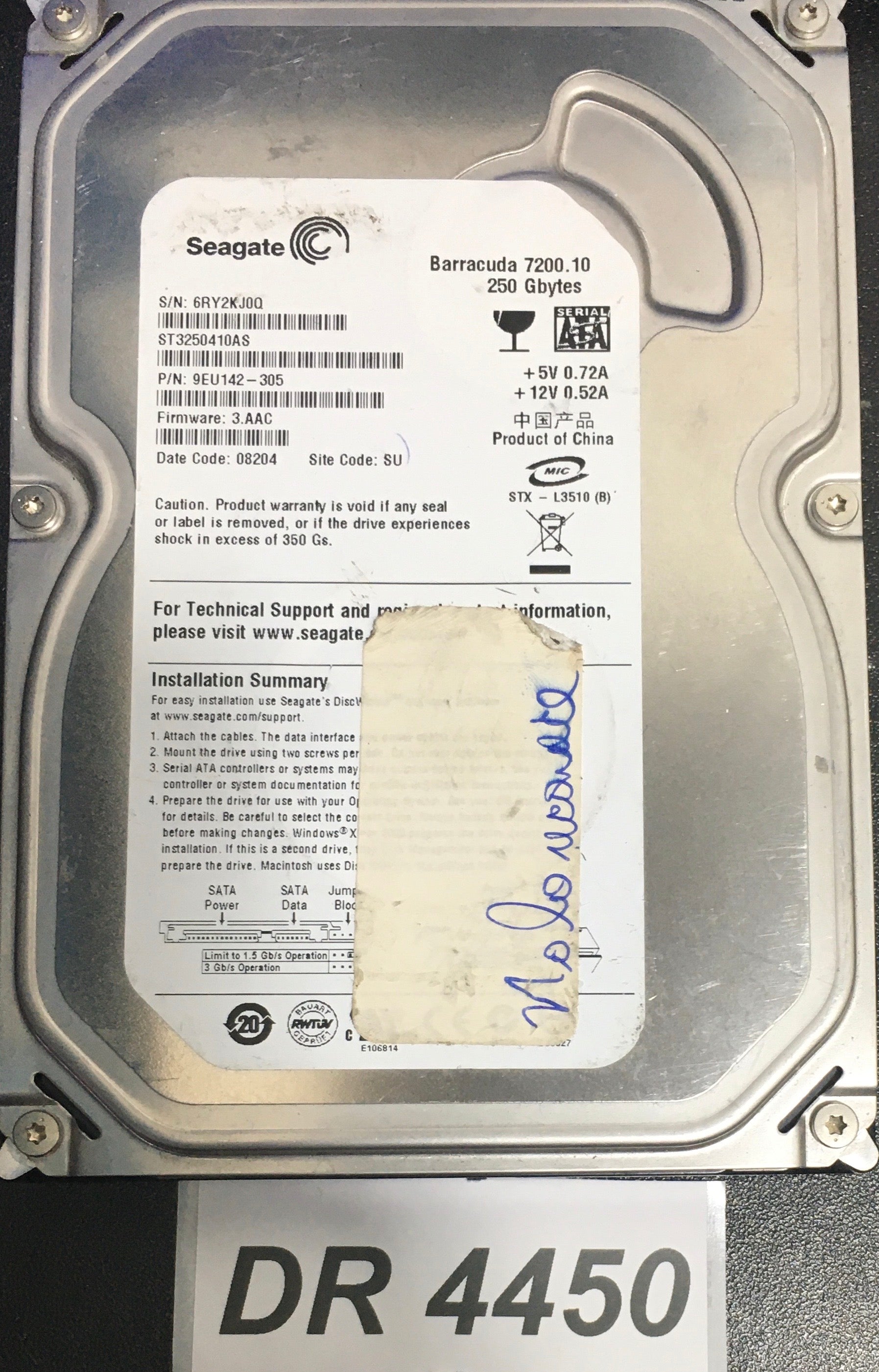 ST3250410AS P/N:  9EU142-305  FW:3.AAC Serial: 6RY2KJ0Q  250GB 3.5  PCB: 100468303 REV A