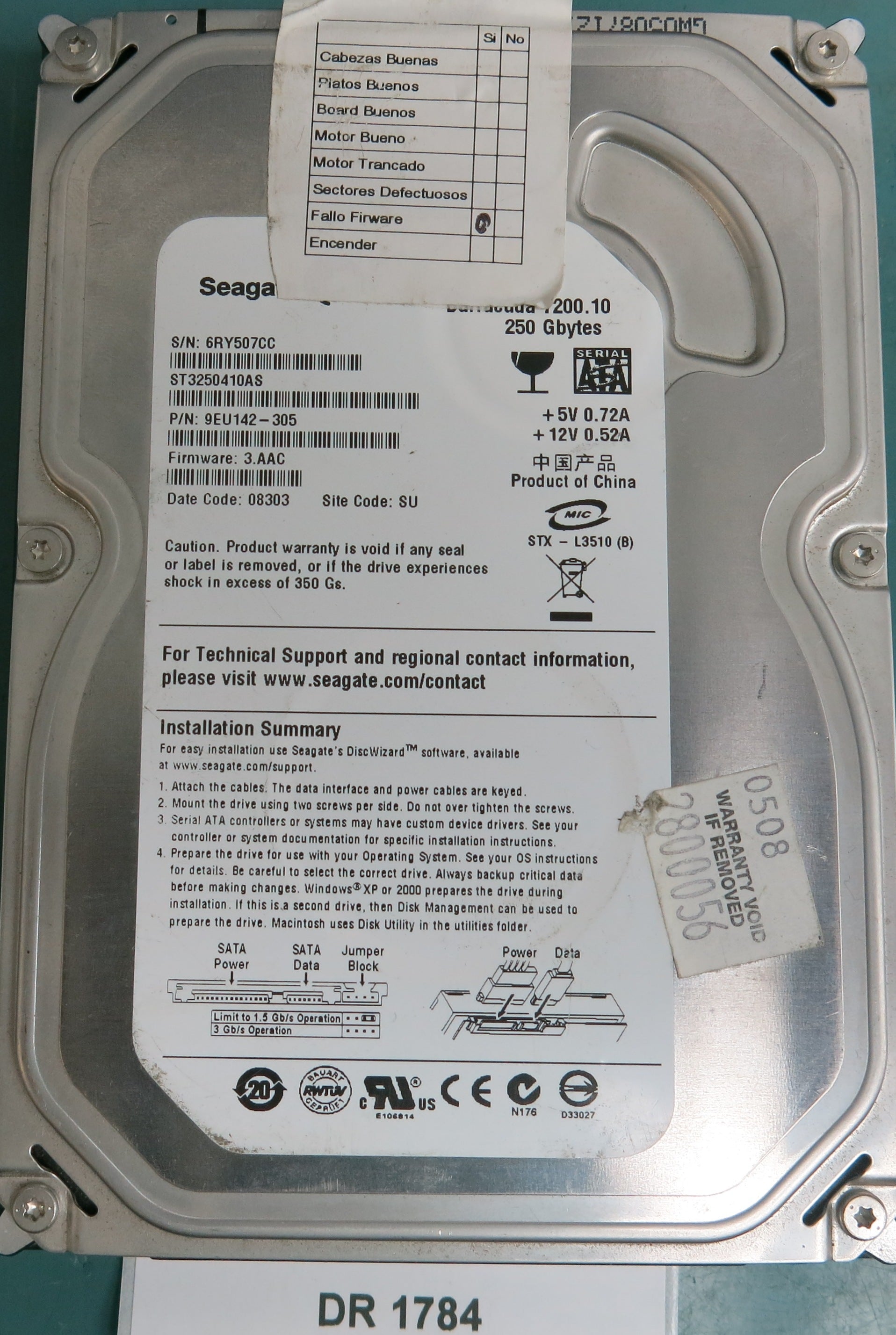 ST3250410AS, P/N: 9EU142-305, FW: 3.AAC, Serial: 6RY507CC, 250GB 3.5