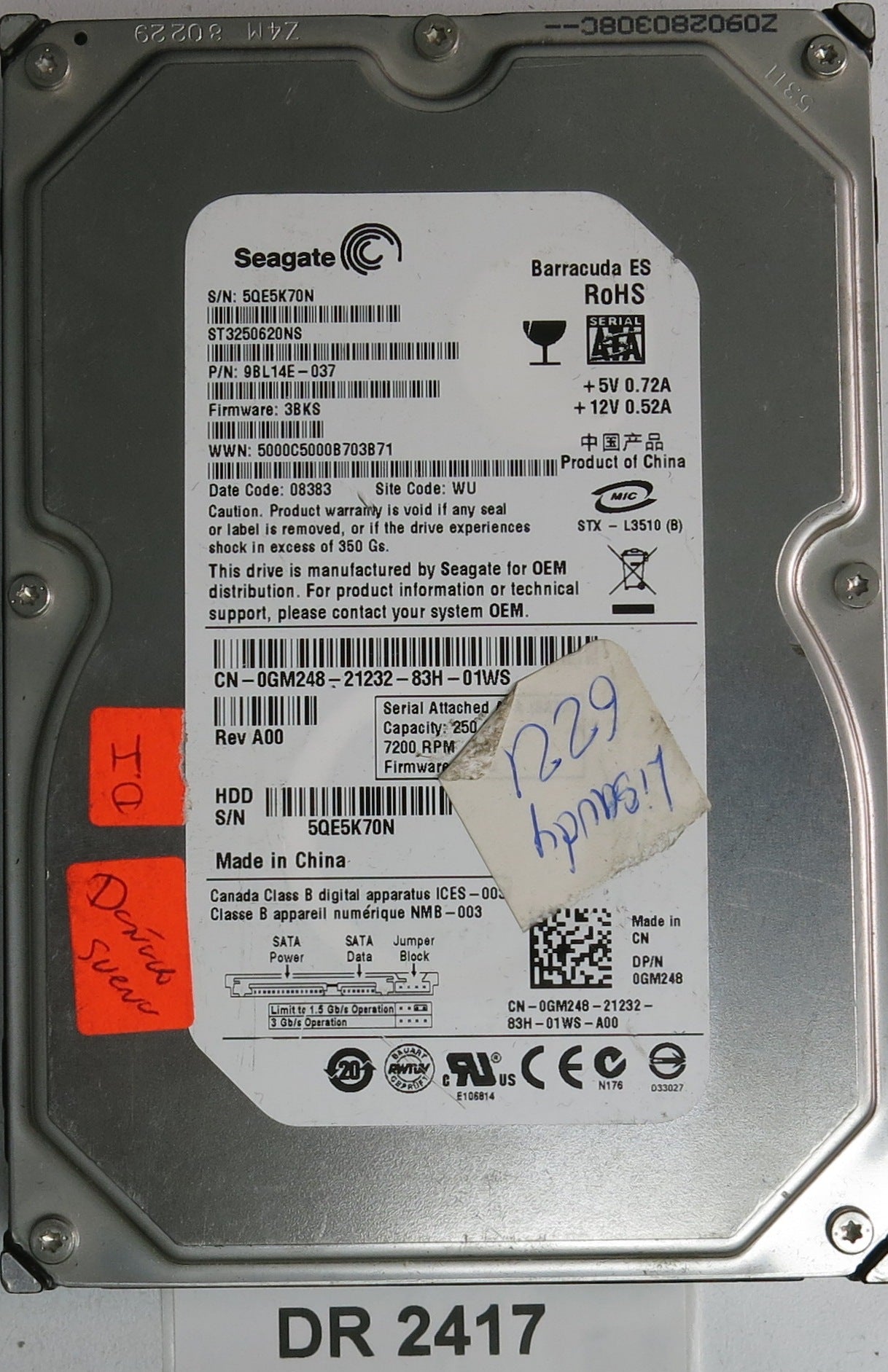 ST3250620NS, P/N:9BL14E-037, FW: 3BKS, Serial: 5QE5K70N, 250GB 3.5, PCB: 100406533 REV A