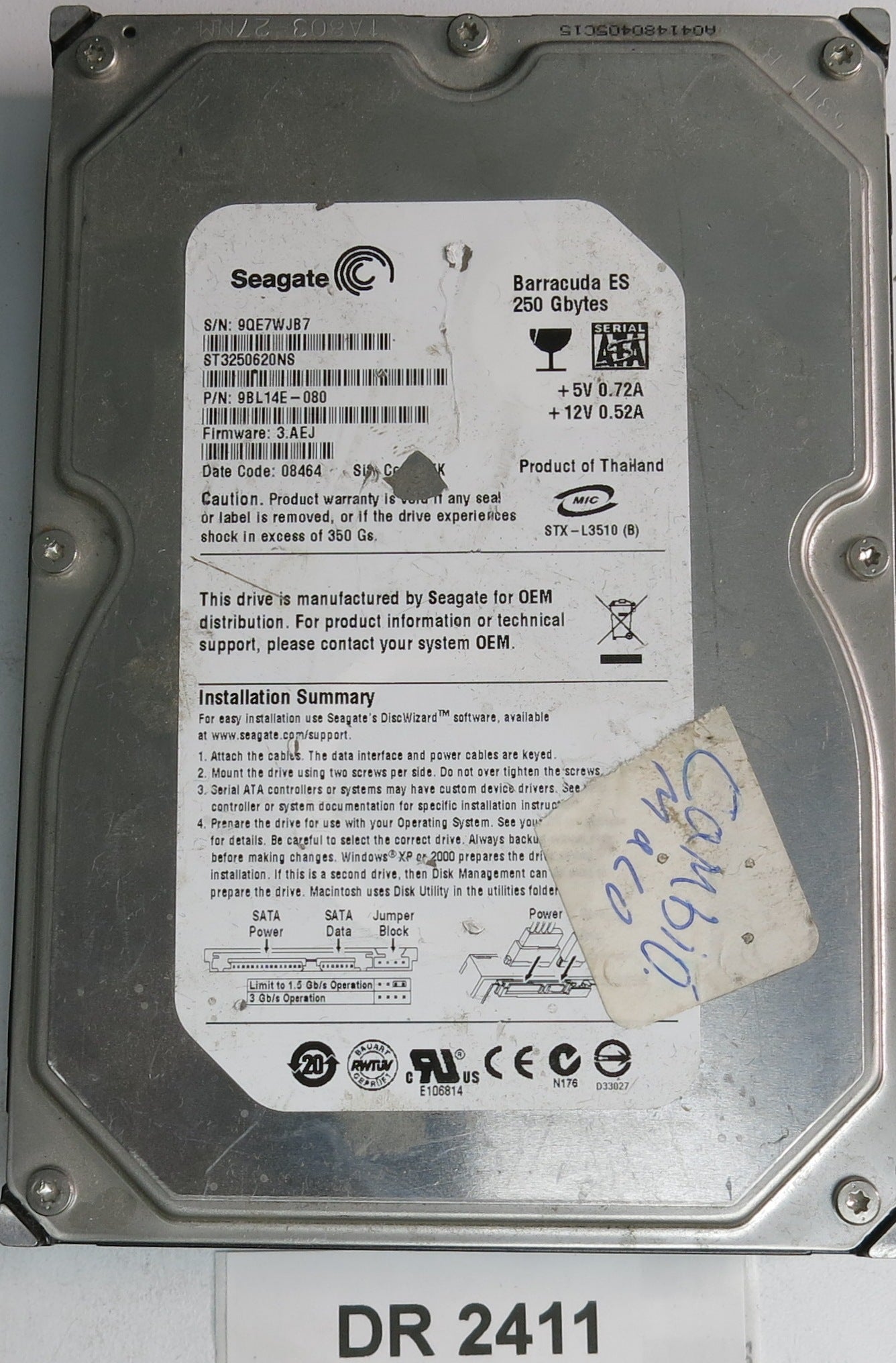 ST3250620NS, P/N: 9BL14E-080, FW: 3.AEJ, Serial: 9QE7WJB7, 250GB 3.5, PCB: 100406533 REV A
