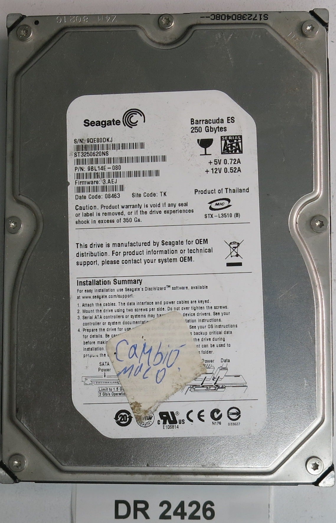 ST3250620NS, P/N: 9BL14E-080, FW: 3.AEJ, Serial: 9QE80DKJ, 250GB 3.5,  PCB: 100406533 REV A