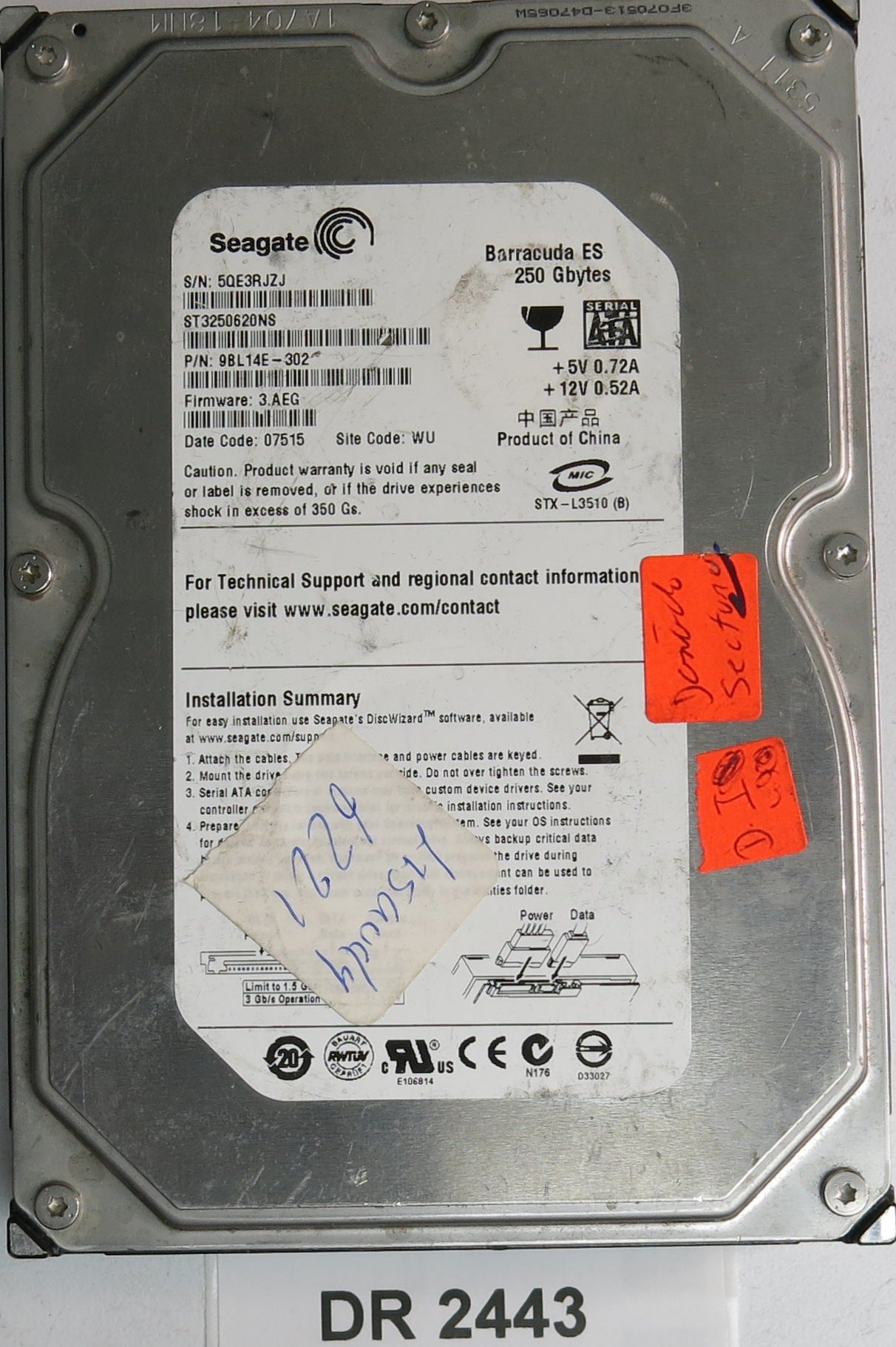 ST3250620NS, P/N: 9BL14E-302, FW: 3.AEG, Serial: 5QE3RJZJ, 250GB 3.5, PCB: 100405533 REV A