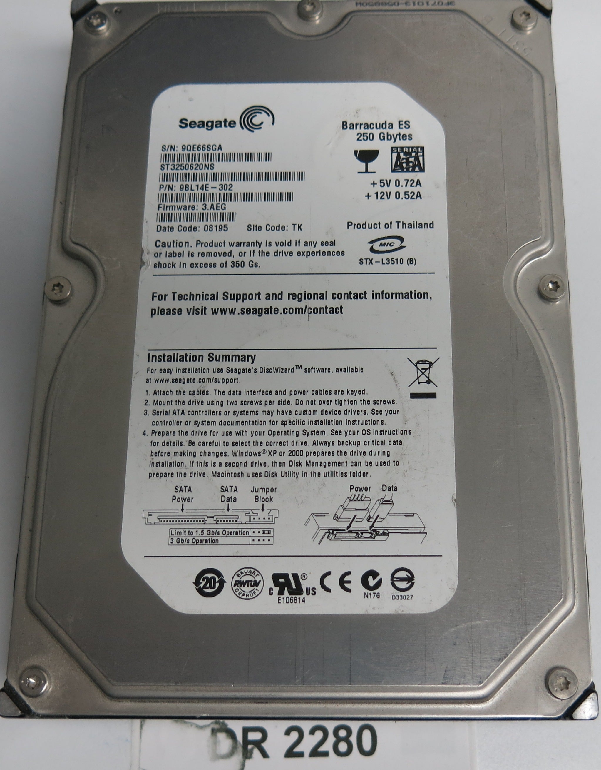 ST3250620NS, P/N: 9BL14E-302, FW: 3.AEG, Serial: 9QE66SGA, 250GB 3.5