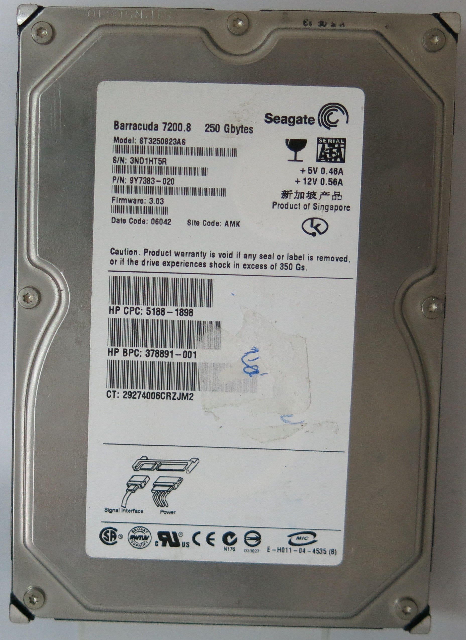 ST3250823AS PCB: 100337233 REV B SERIAL NUMBER: 3ND1HT5R PN 9Y7383-020 FW 3.03 250GB