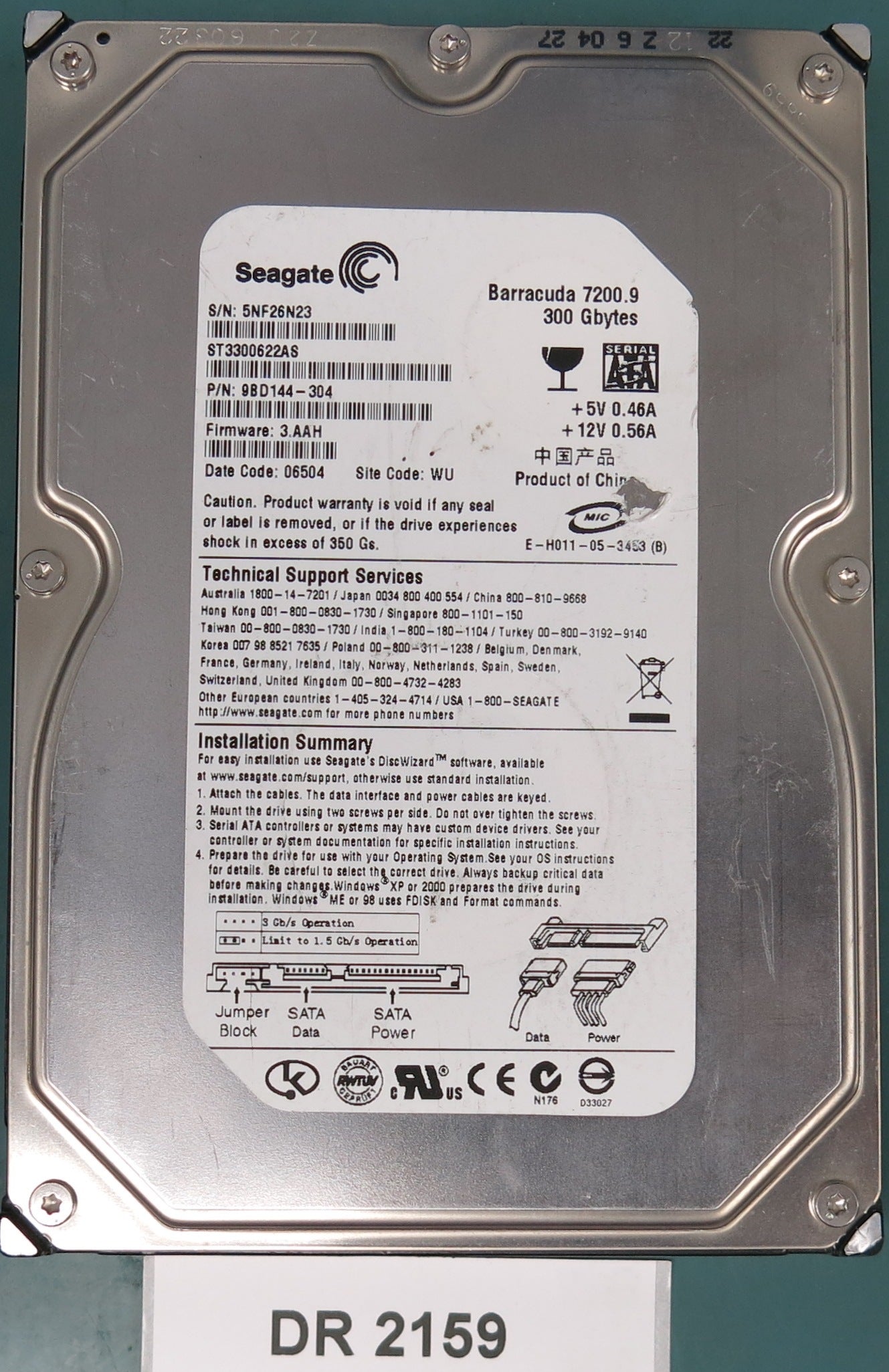 ST3300622AS, P/N: 9BD144-304, FW: 3.AAH, Serial: 5NF26N23, 300GB 3.5, PCB: 100355589 REV C