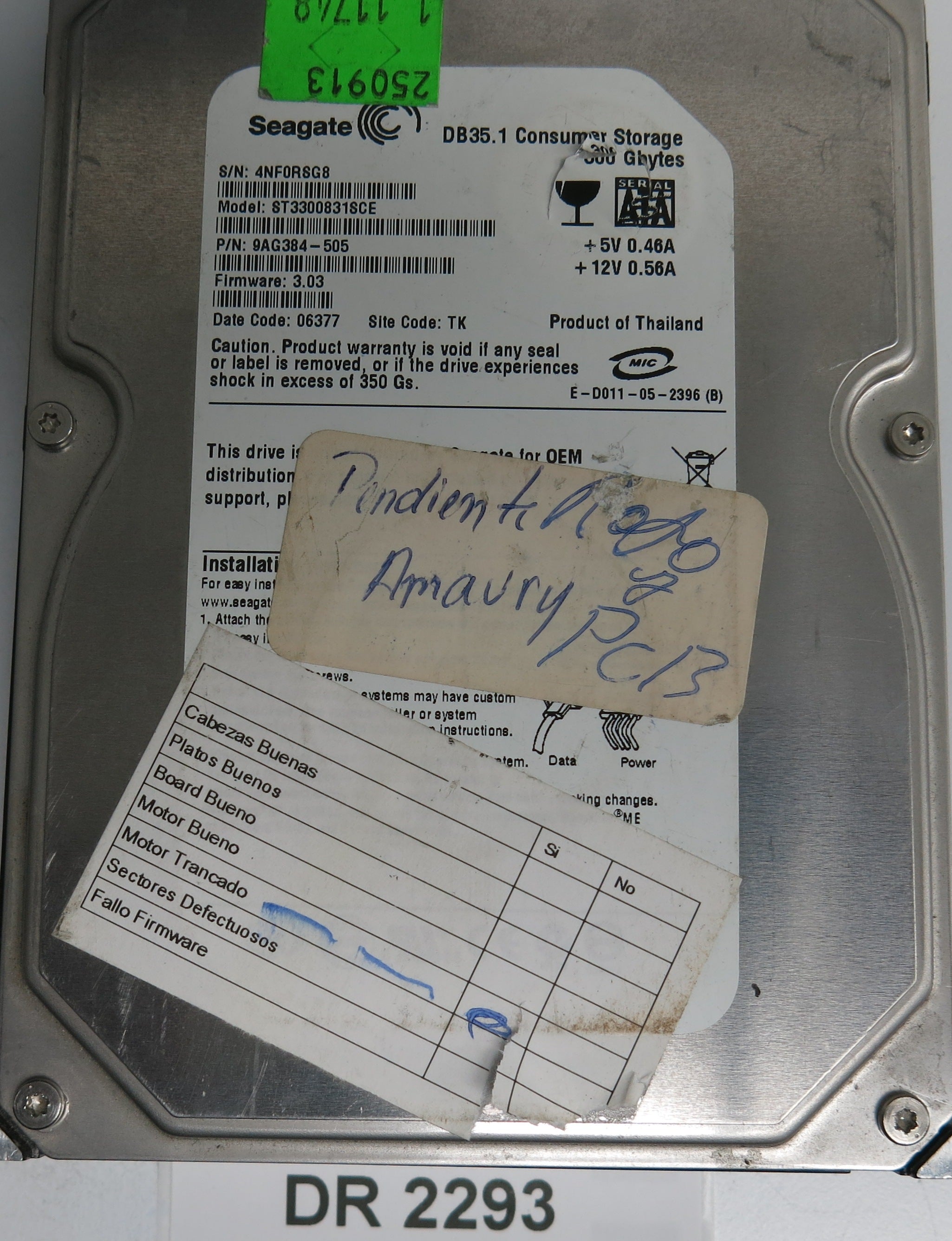 ST3300831SCE, P/N: 9AG384-505, FW: 3.03, Serial: 4NF0RSG8, PCB: 100337233 REV B