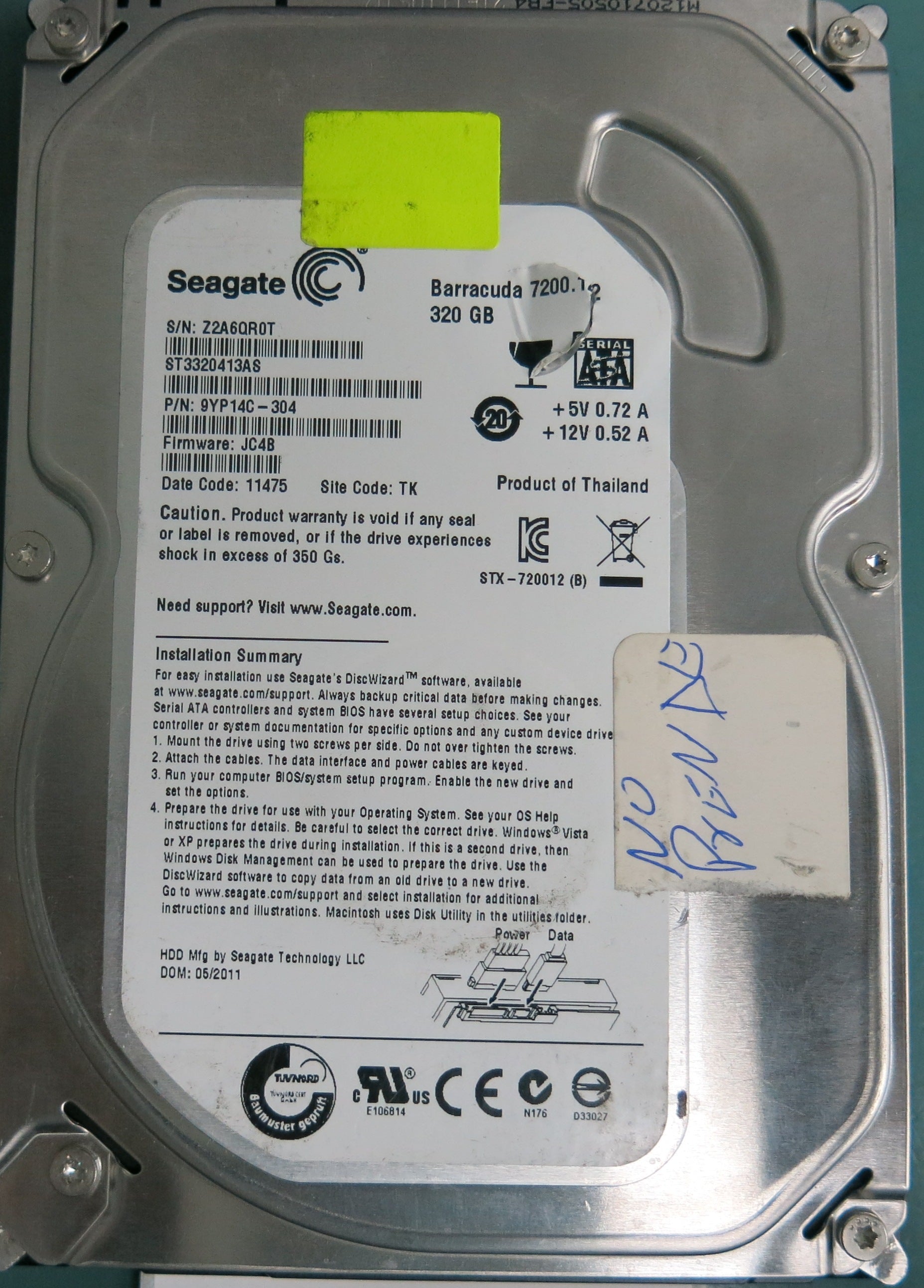 ST3320413AS P/N: 9YP14C-304 FW: JC4B Serial: Z2A6QR0T 320GB 3.5 PCB: 10053238 REV C