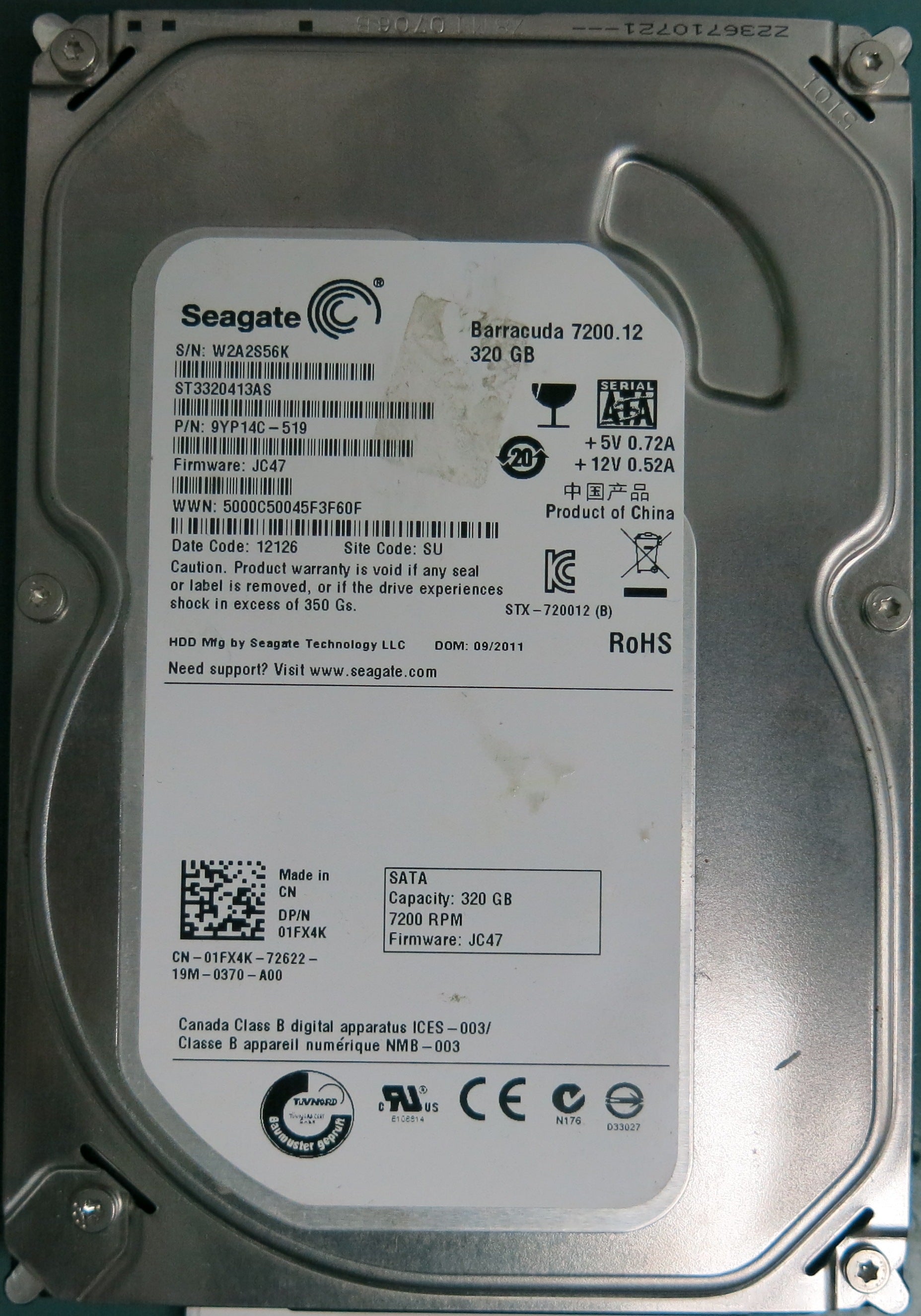 ST3320413AS, P/N: 9YP14C-519, FW: JC47, Serial: W2A2S56K, 320GB 3.5 , PCB: 100535704 REV C