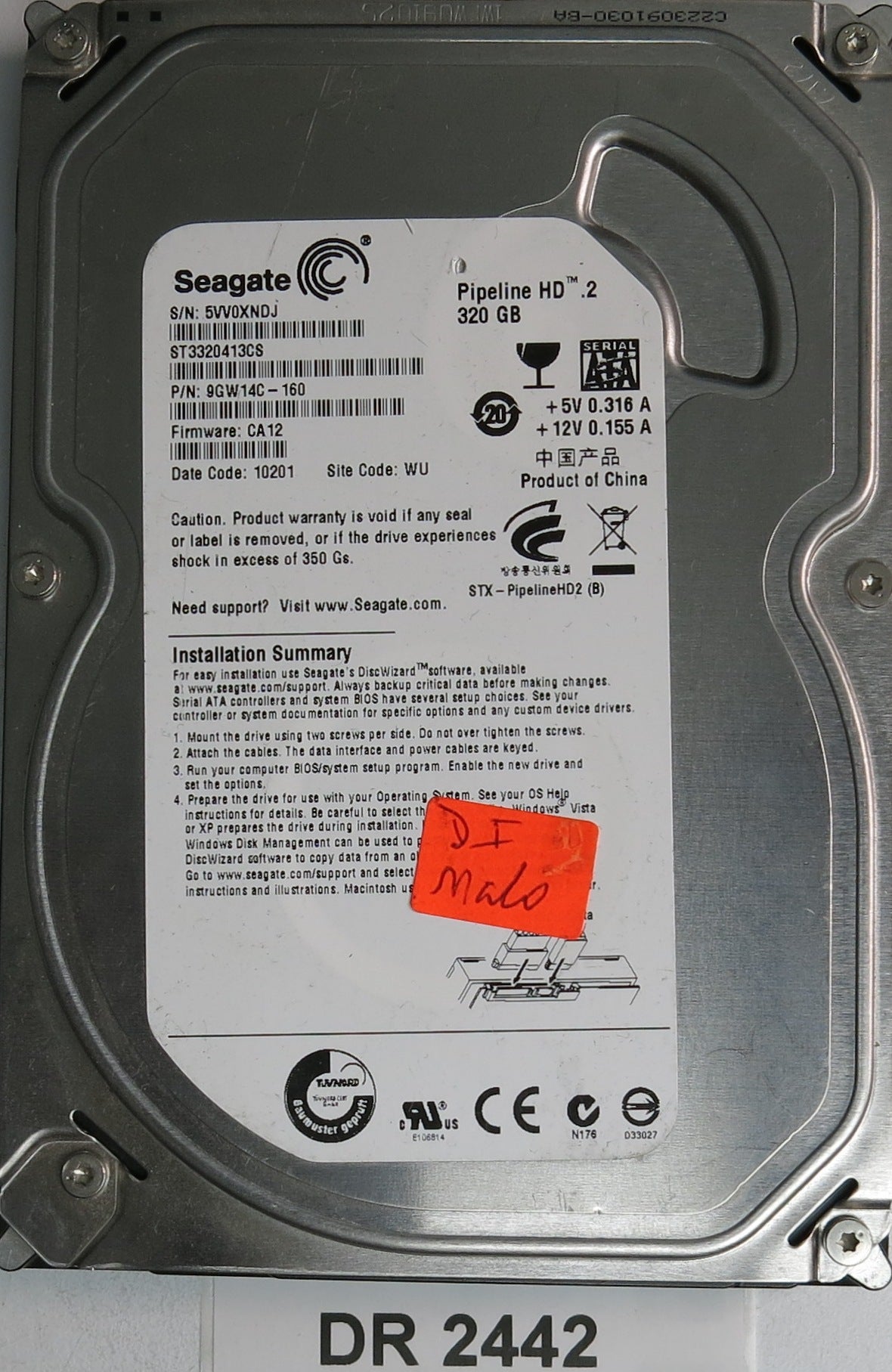 ST3320413CS, P/N: 9GW14C-160, FW: CA12, Serial: 5VV0XNDJ, 320GB 3.5, PCB: 100535704 REV B