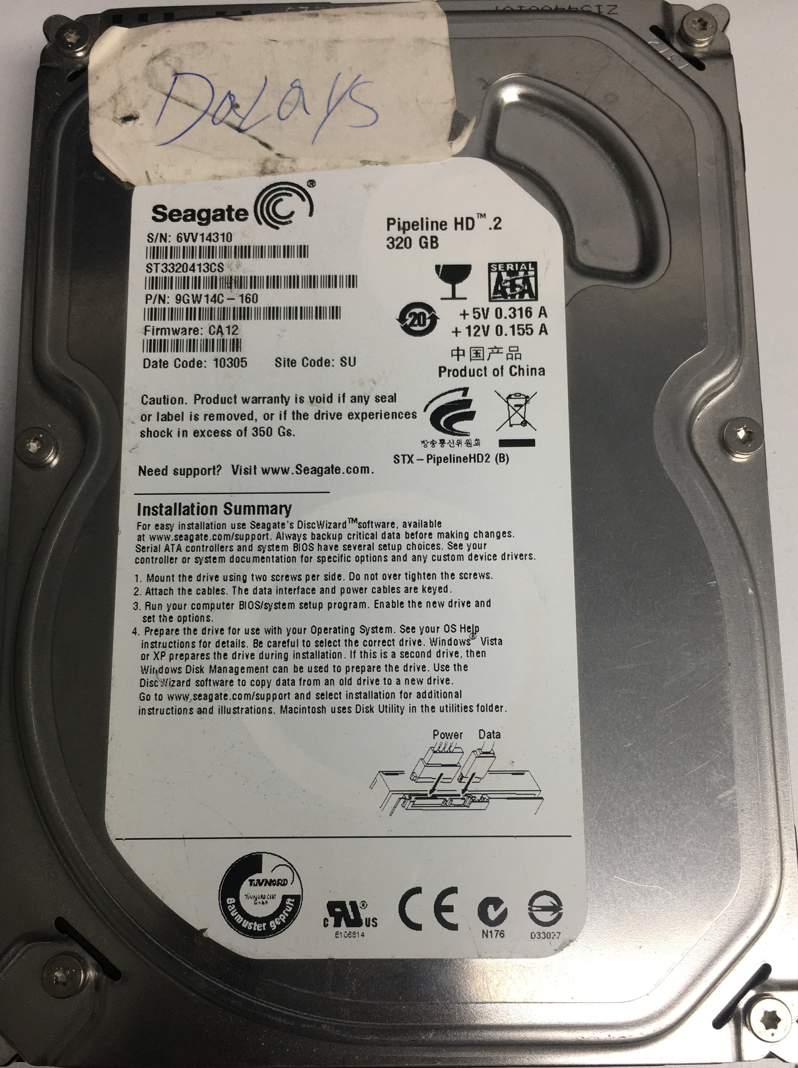 ST3320413CS P/N:  9GW14C-160 FW: CA12 Serial: 6VV14310 320GB 3.5 PCB: 100535704  REV B