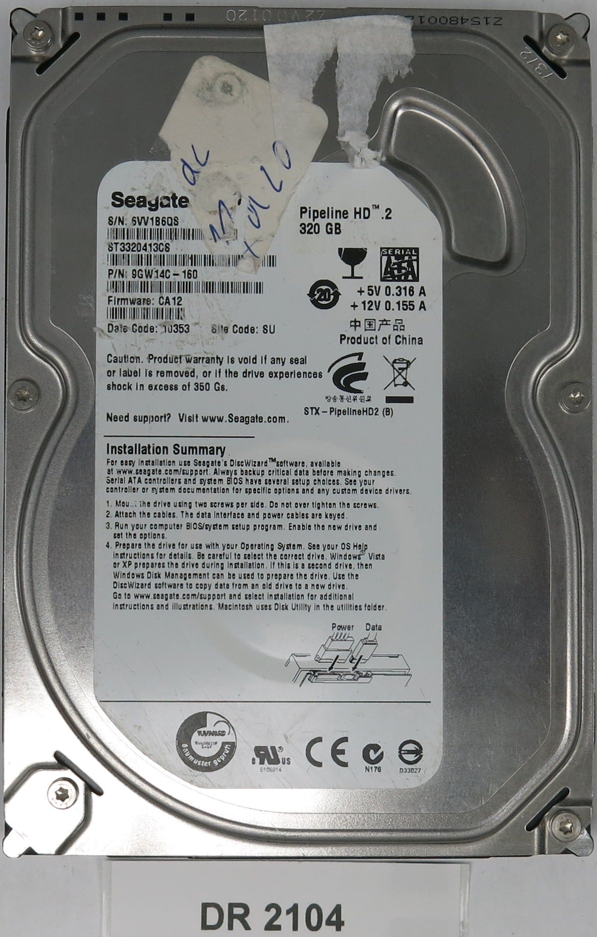 ST3320413CS, P/N: 9GW14C-160, FW: CA12, Serial: 6W1B6QS, 320GB 3.5, PCB: 100535704 REV B