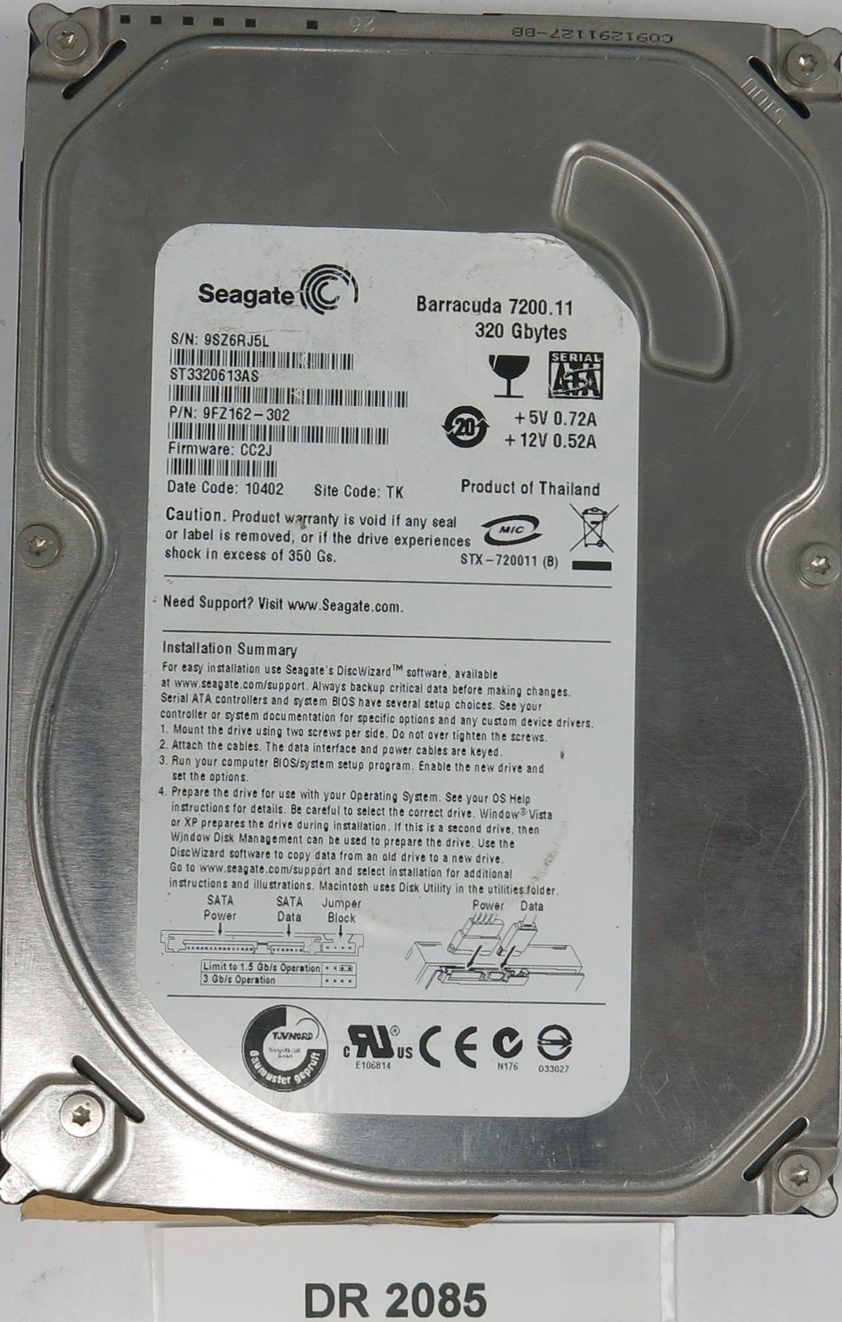 ST3320613AS, P/N: 9FZ162-302, FW: CC2J, Serial: 9SZ6RJ5L, 320GB 3.5, PCB: 100504364 REV B