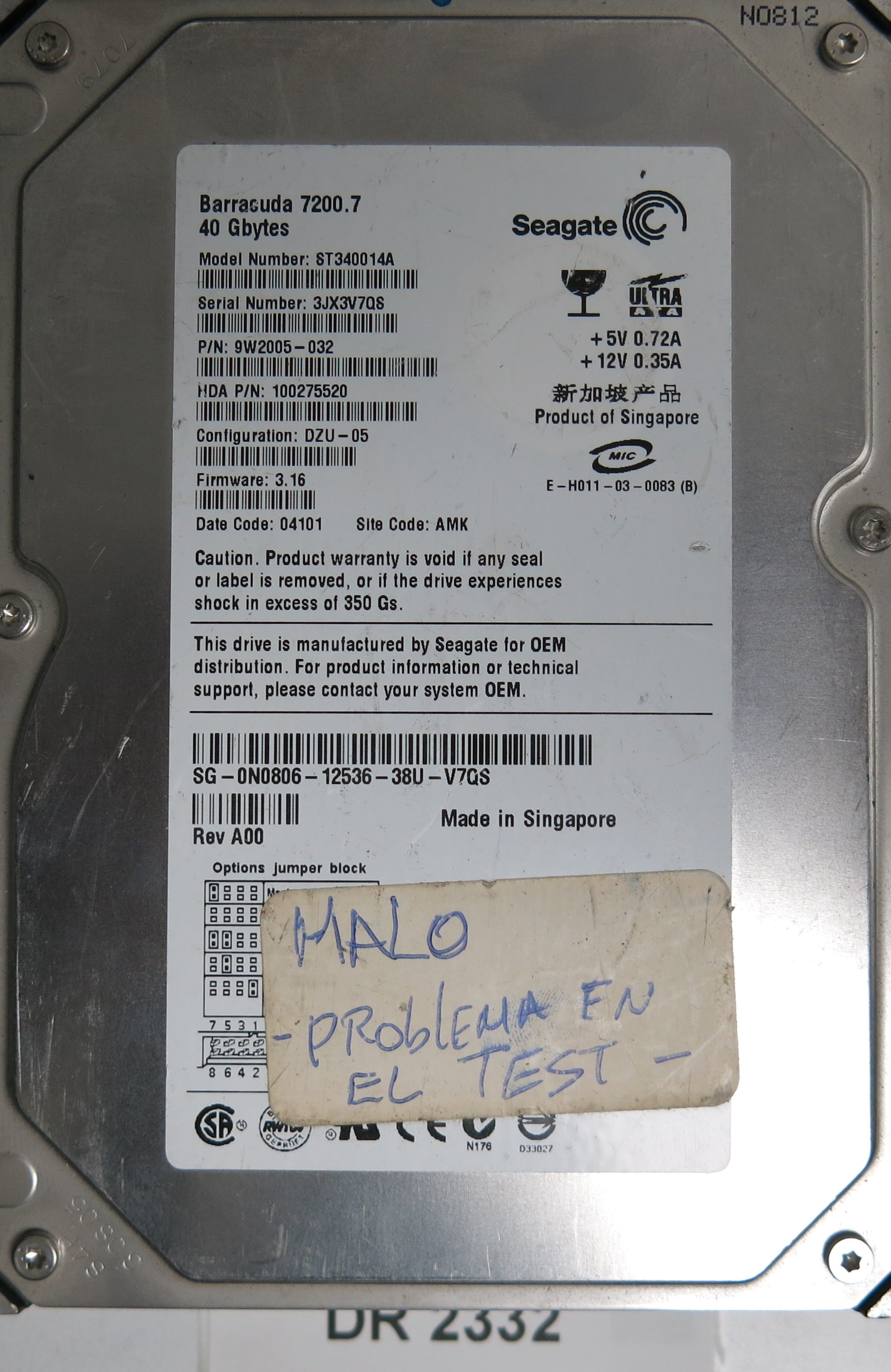 ST340014A, P/N: 9W2005-032, FW: 3.16, Serial: 3JX3V7QS, 40GB 3.5