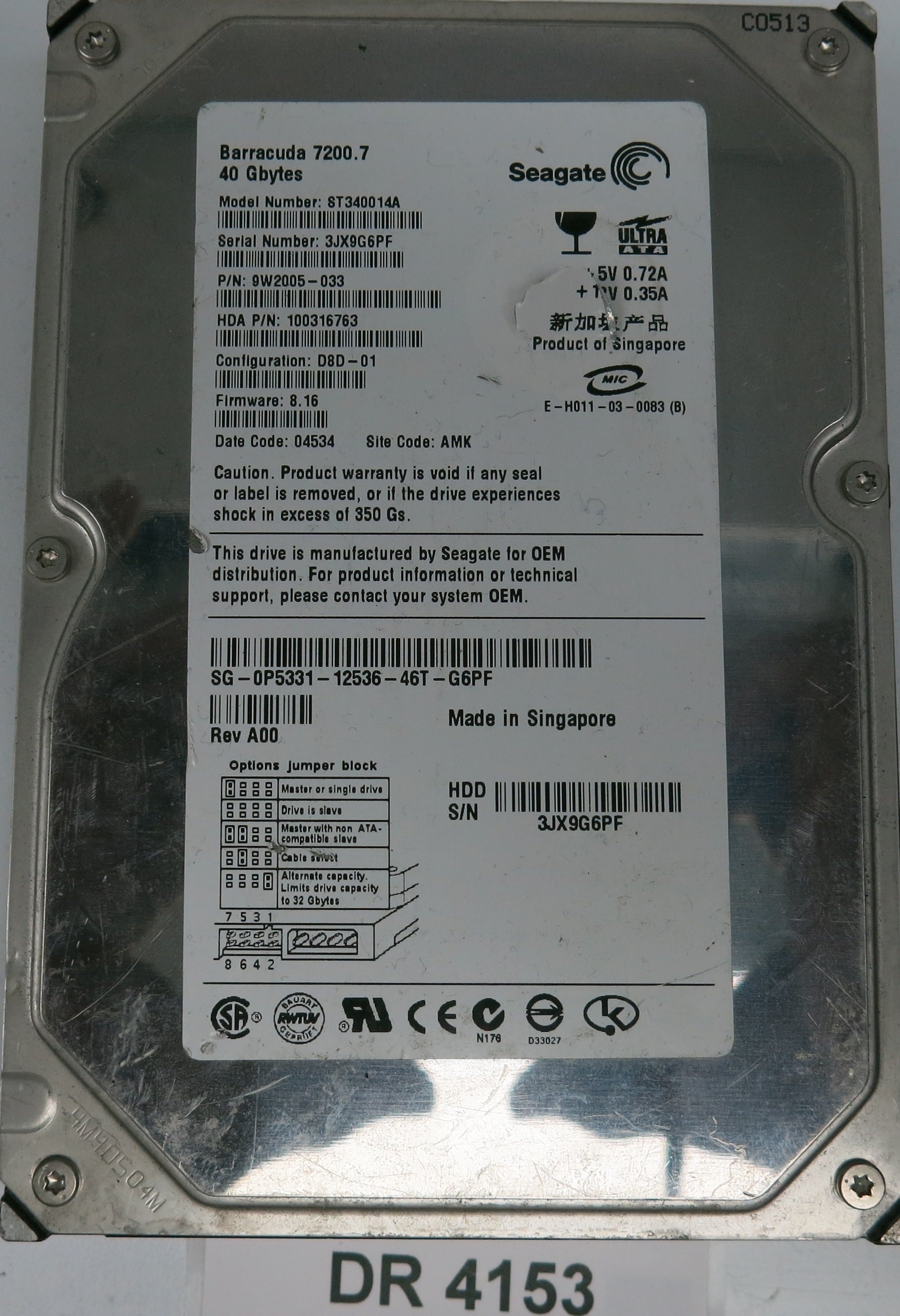 ST340014A, P/N: 9W2005-033, FW: 8.16, Serial: 3JX9G6PF, 40GB 3.5
