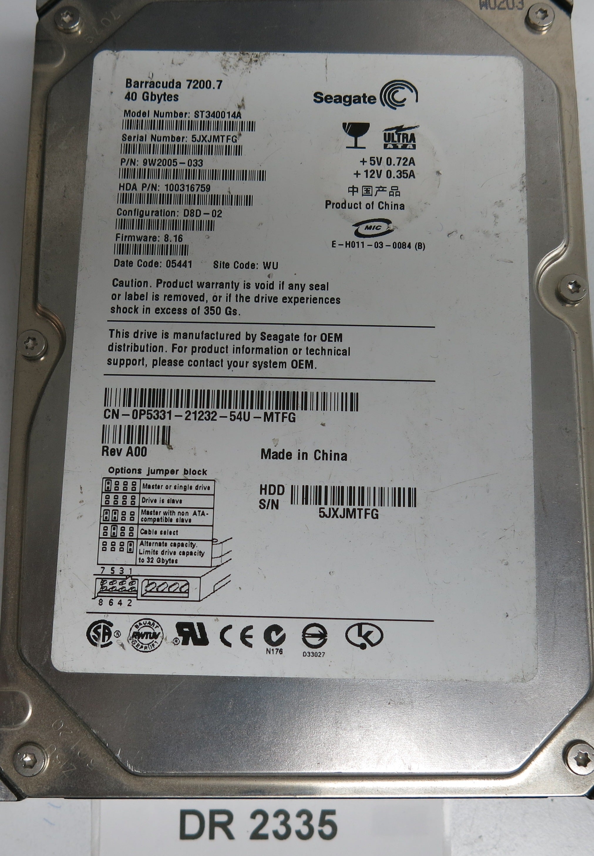 ST340014A, P/N: 9W2005-033, FW: 8.16, Serial: 5JXJMTFG, 40GB 3.5