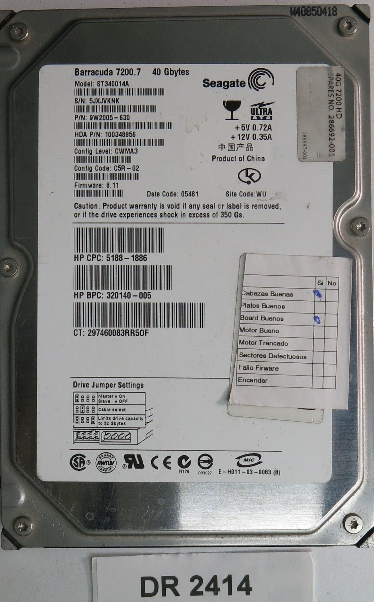 ST340014A, P/N: 9W2005-630, FW: 8.11, Serial: 5JXJVKNK 40GB 3.5, PCB: 100306042  REV A