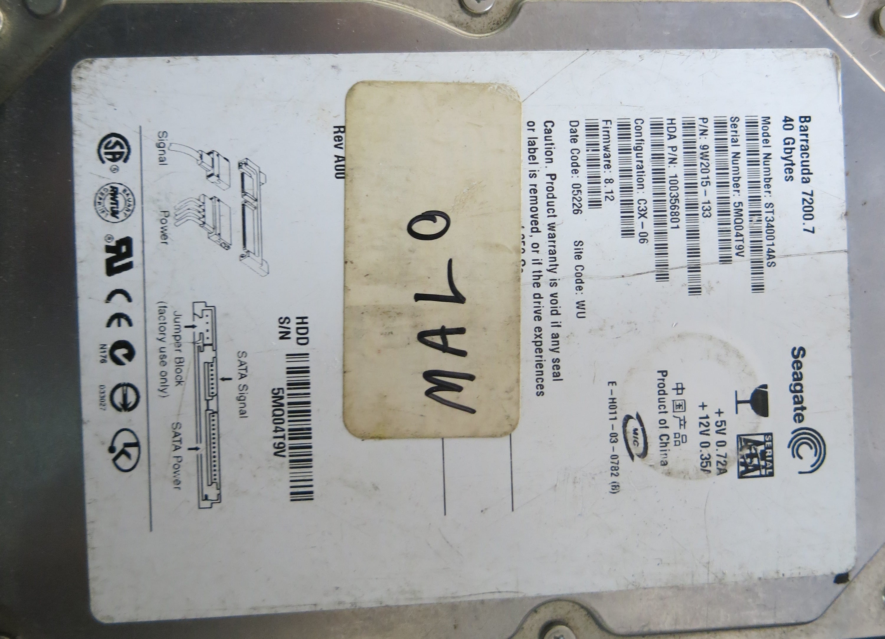 ST34001AS,  P/N:9W2015-155,  FW:8.2,  Serial:5MQ04T9V,  40GB 3.5,  PCB:100331803- REV A