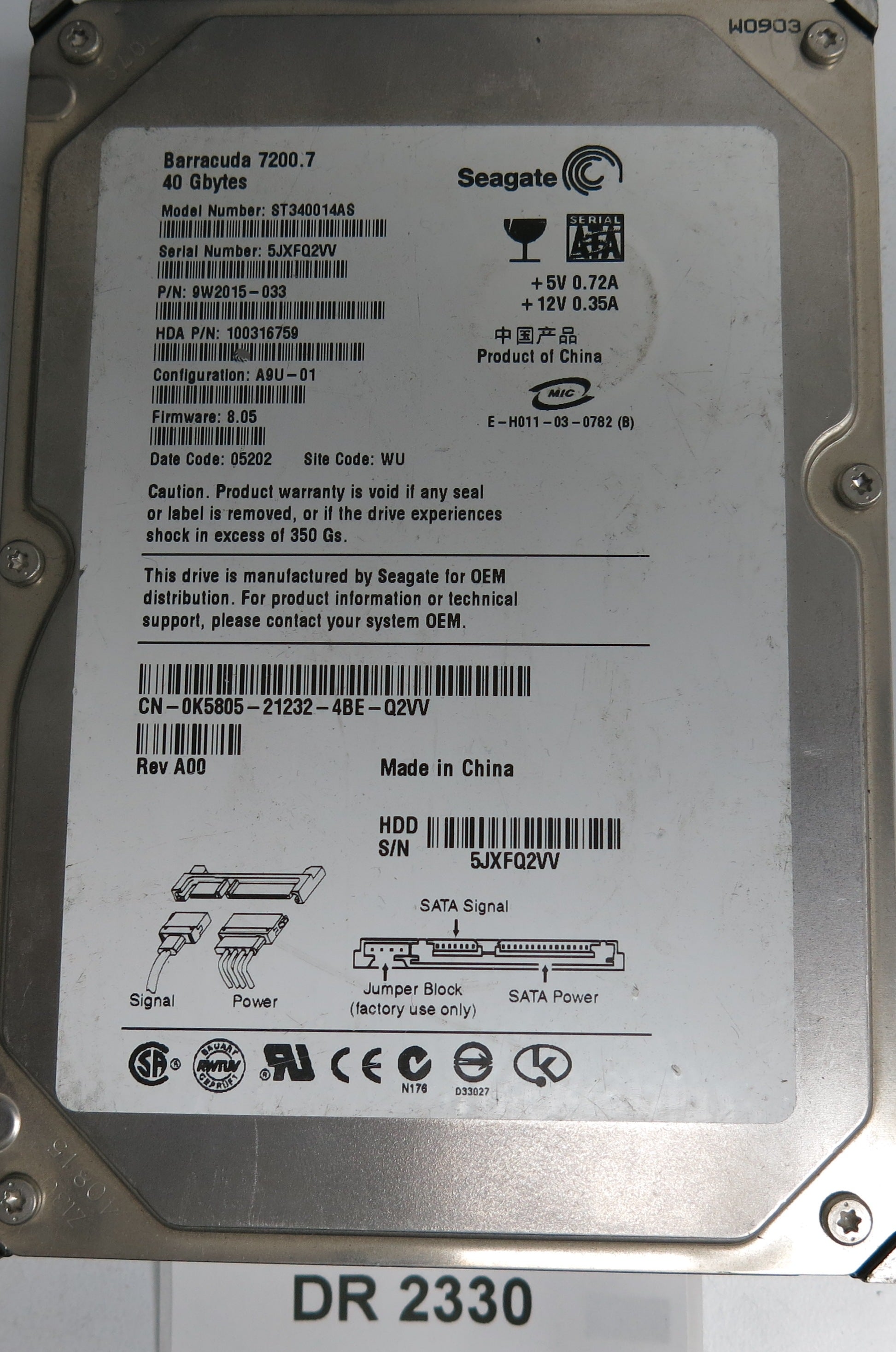 ST340014AS, P/N: 9W2015-033, FW: 8.05, Serial: 5JXFQ2VV, 40GB 3.5