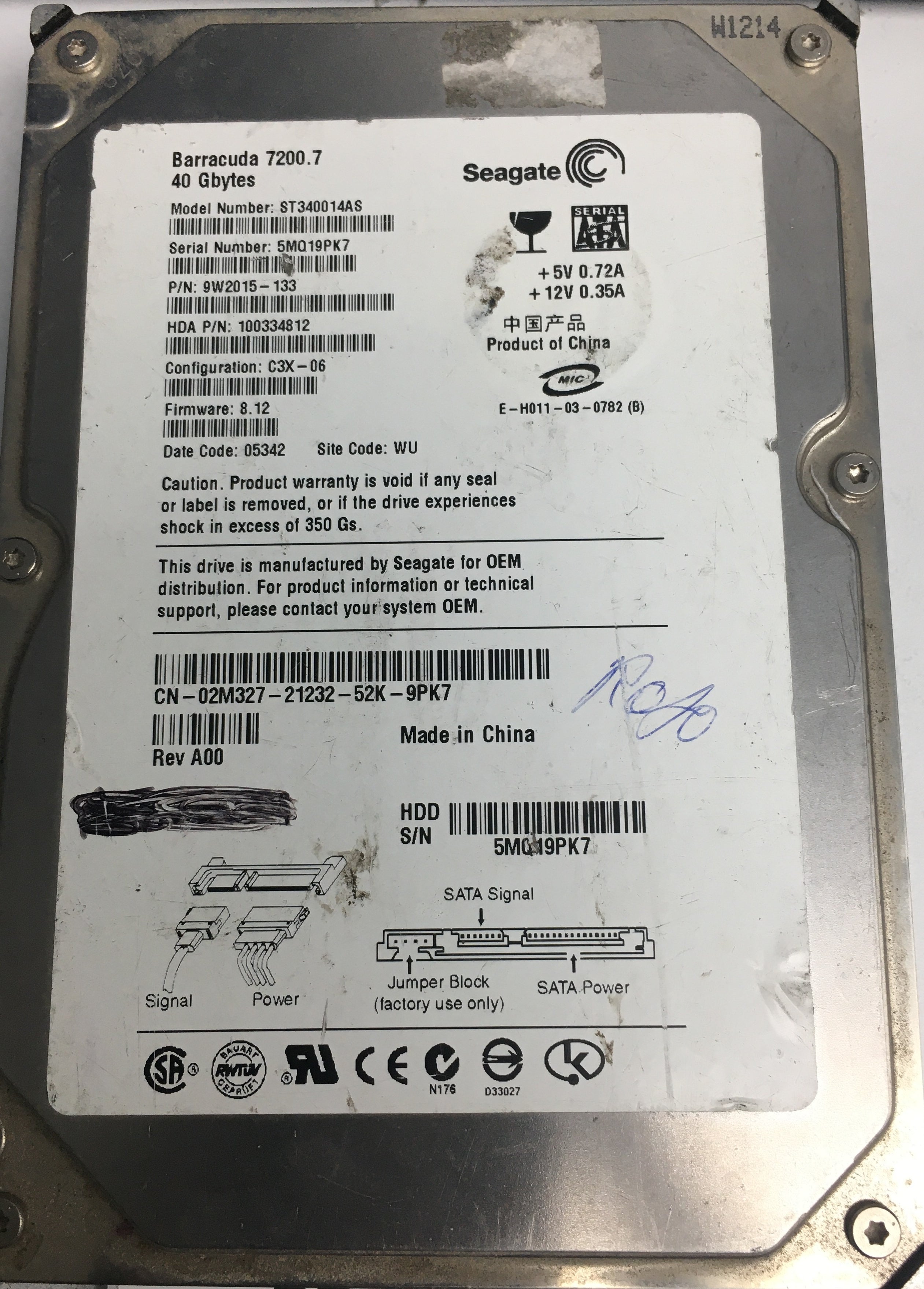ST340014AS P/N: 9W2015-133 FW: 8.12 Serial: 5MQ19PK7 40GB 3.5 PCB:100331803 REV A