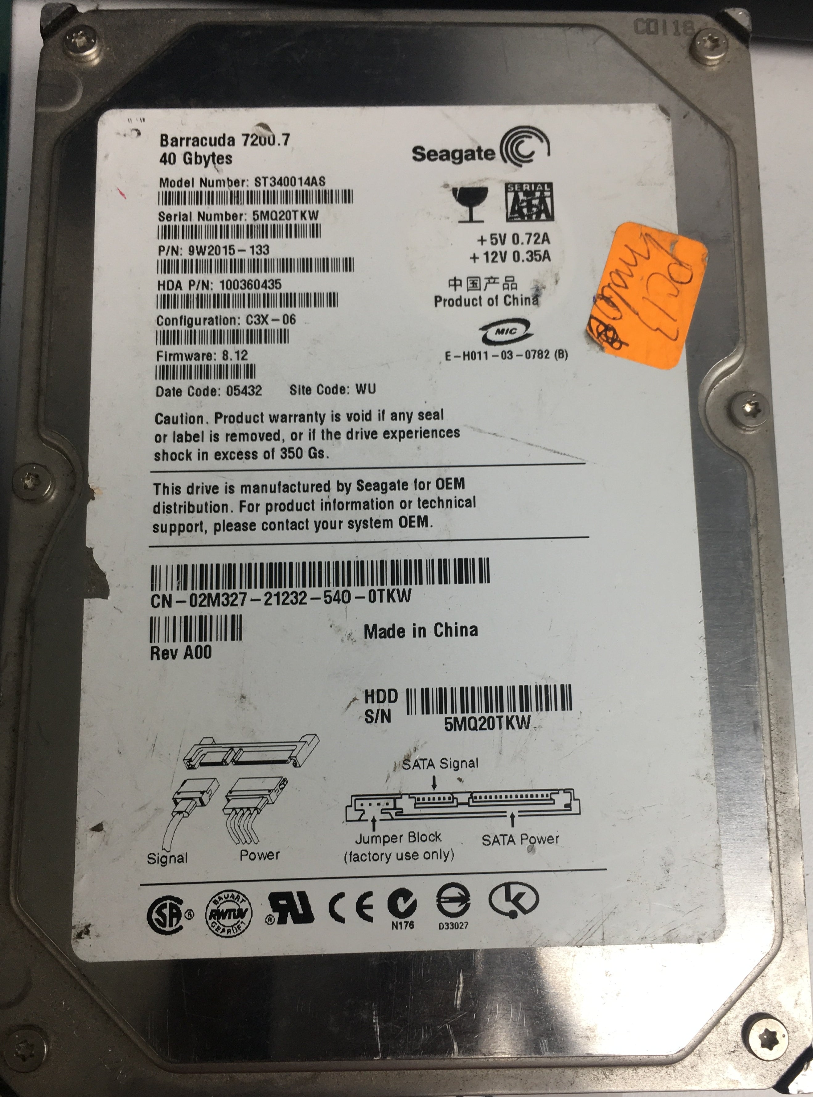 ST340014AS P/N: 9W2015-133 FW: 8.12 Serial: 5MQ20TKW 40GB 3.5 PCB: 100331803 REV A