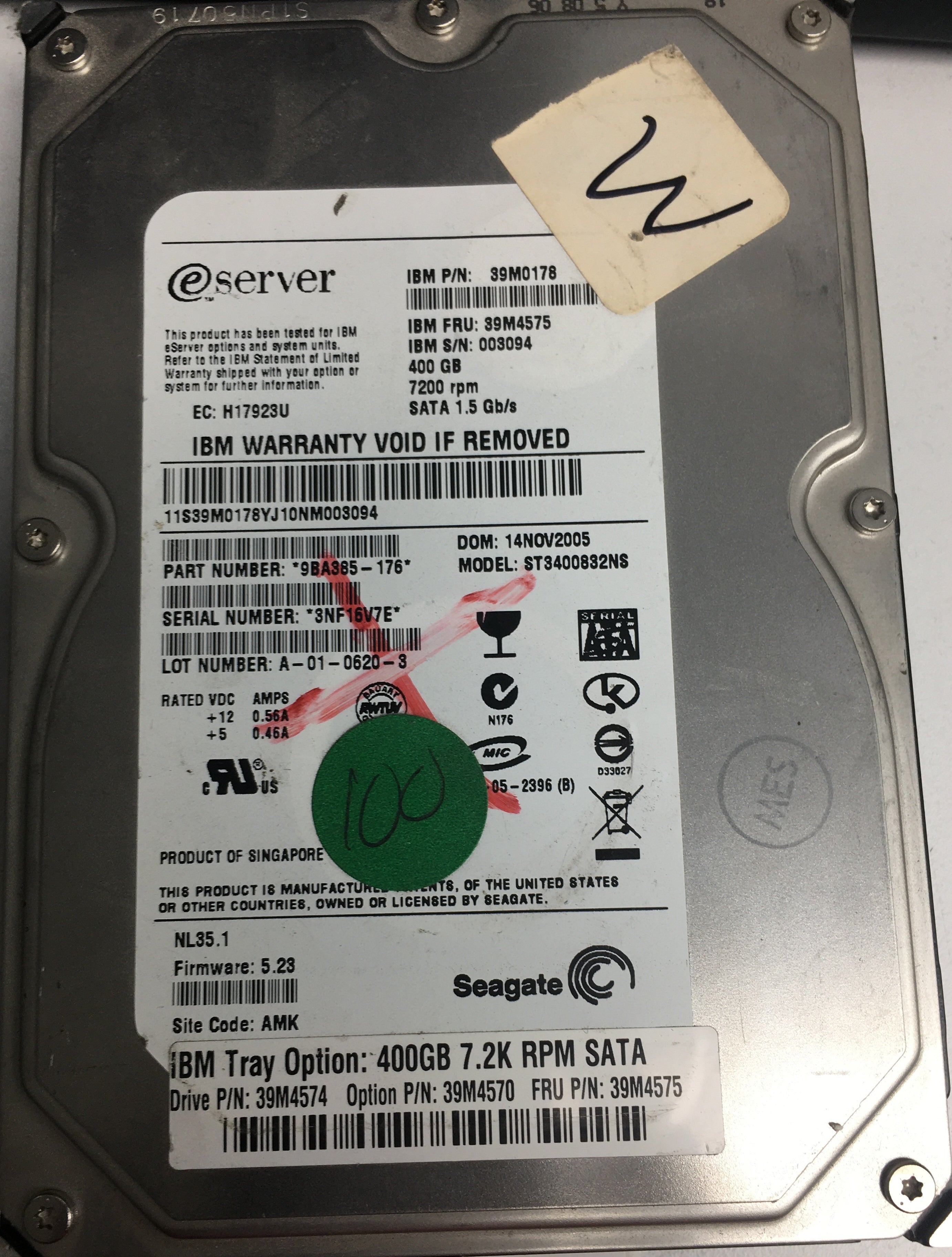 Model: ST3400832NS, P/N: 9BA385-176-39M0178, FW: 5.23, Serial:3NF16V7E, 400GB 3.5,  PCB:100337233  REV B,