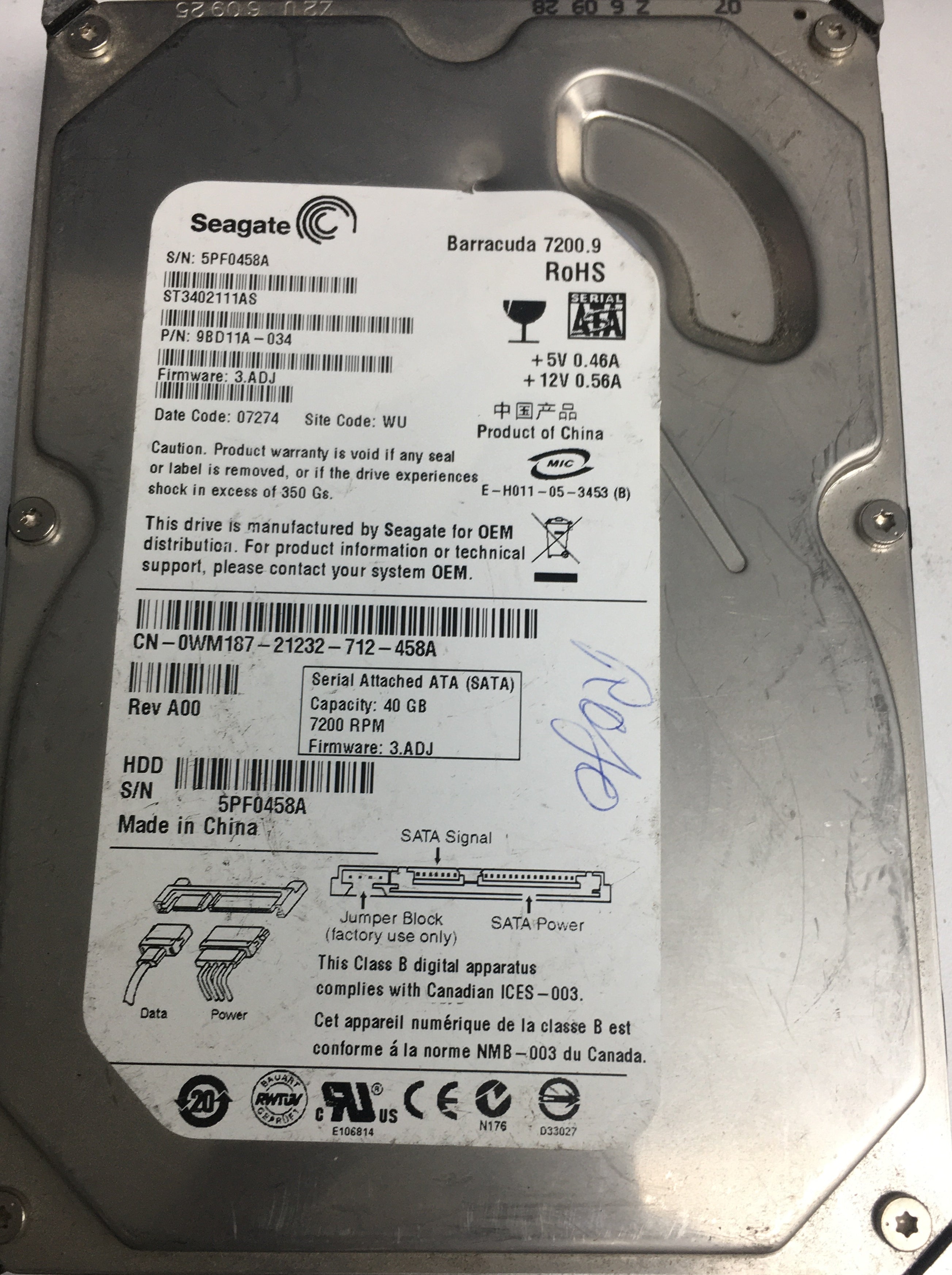 ST3402111AS, P/N: 98D11A-034, FW: 3.ADJ, Serial: 5PF0458A, 40GB 3.5