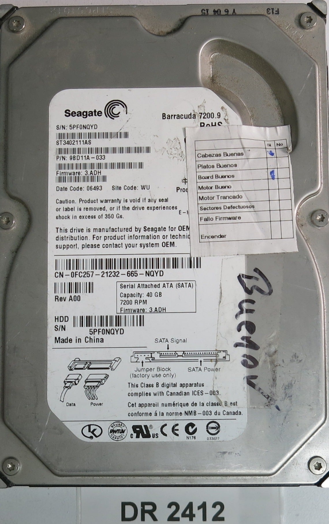 ST3402111AS, P/N: 9BD11A-033, FW: 3.ADH, Serial: 5PF0NQYD, 40GB 3.5, PCB: 100375503 REV B