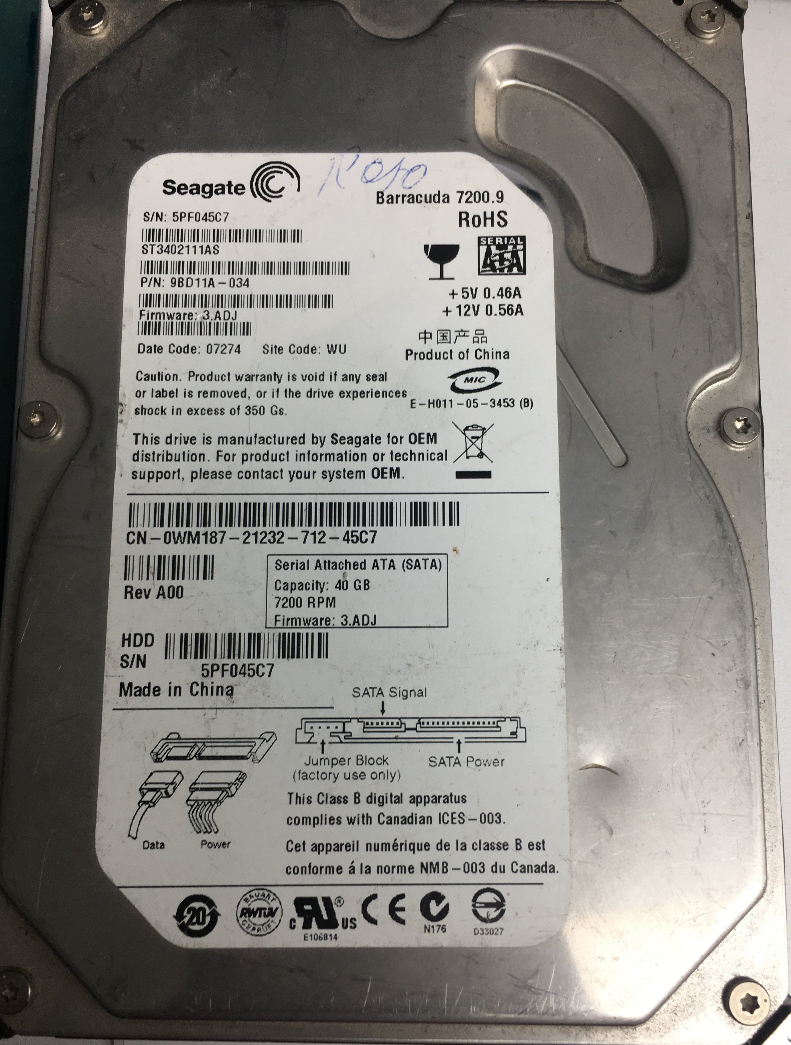 ST3402111AS P/N: 9BD11A-034 FW: 3.AJD Serial: 5PF045C7 40GB 3.5 PCB: 100375503 REV B