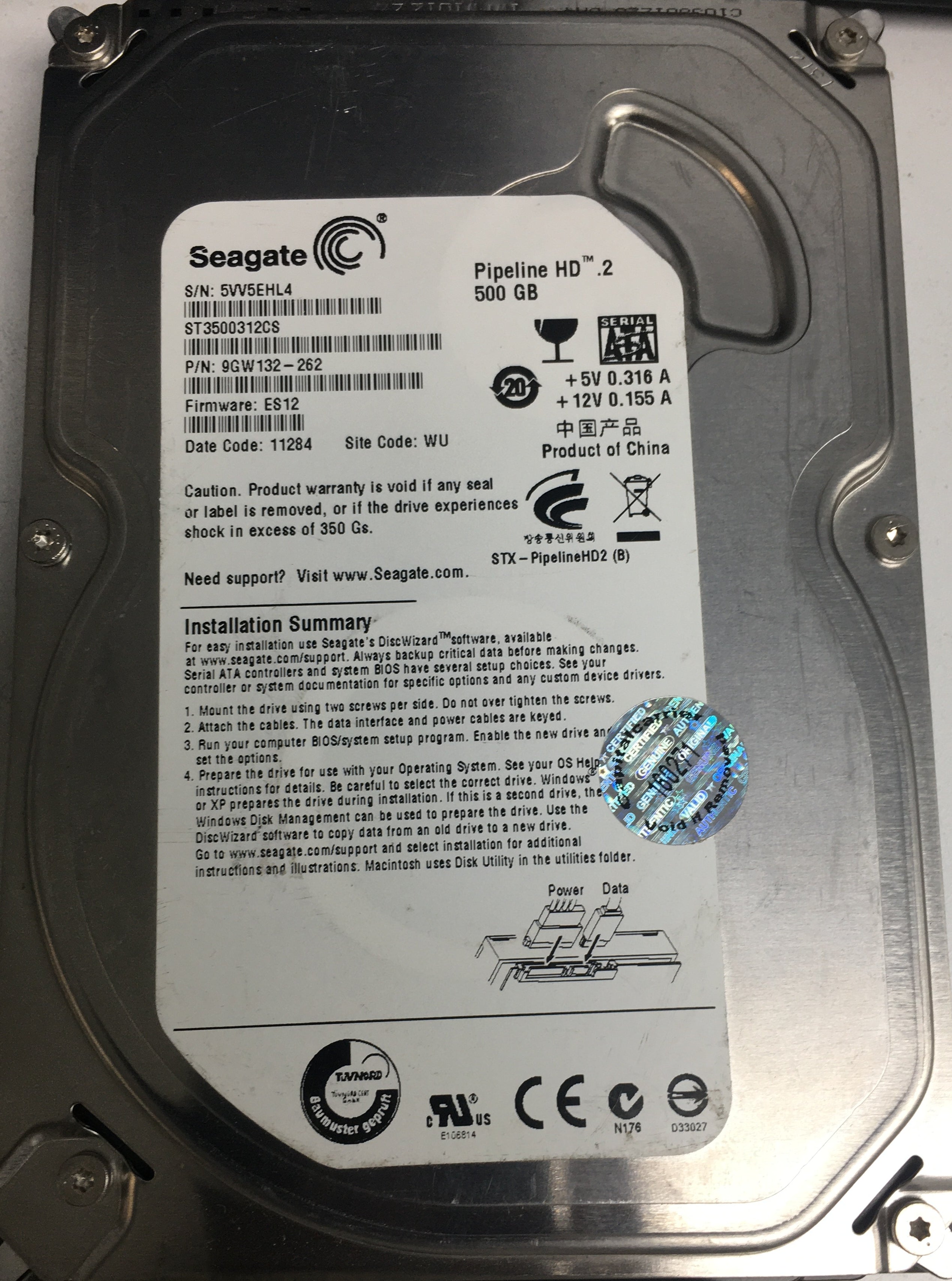 ST3500312CS P/N: 9GW132-262 FW: ES12 Serial: 5W5EHL4 500GB 3.5 PCB: 100535704 REV A
