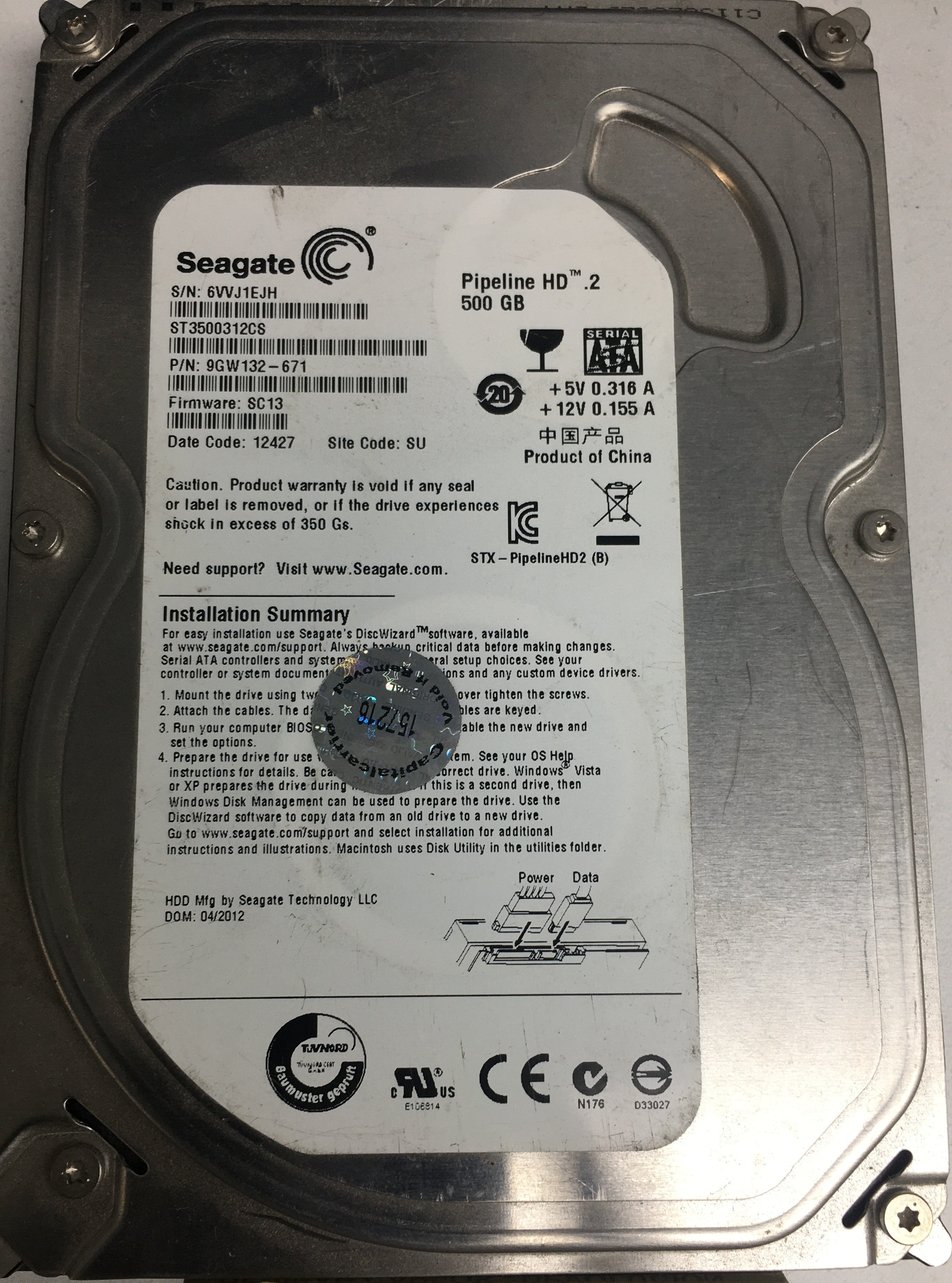 ST3500312CS, P/N: 9GW132-671, FW: SC13, Serial: 6WJ1EJH, 500GB 3.5